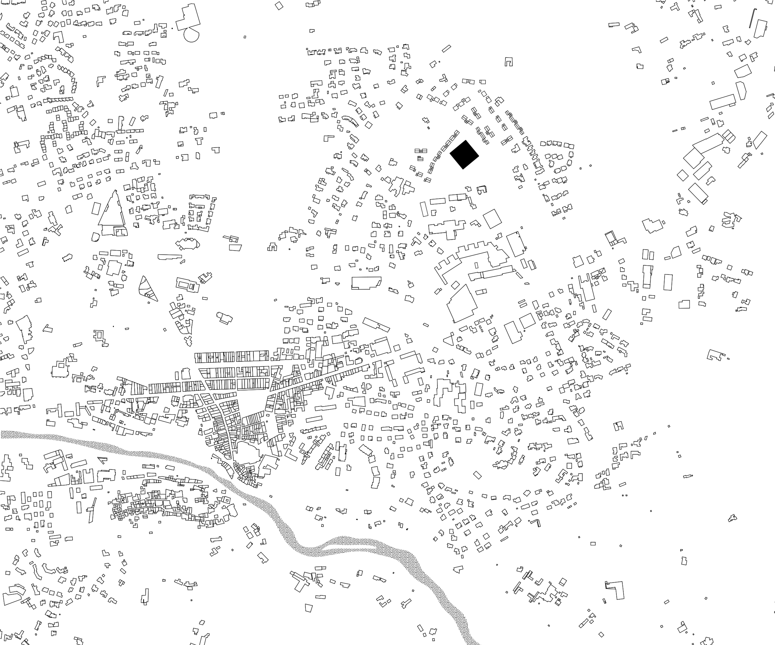Plan masse de Vaison-la-Romaine montrant le pôle culture et jeunesse comme un carré noir de 55 m de côté, structurant le tissu pavillonnaire dispersé.
