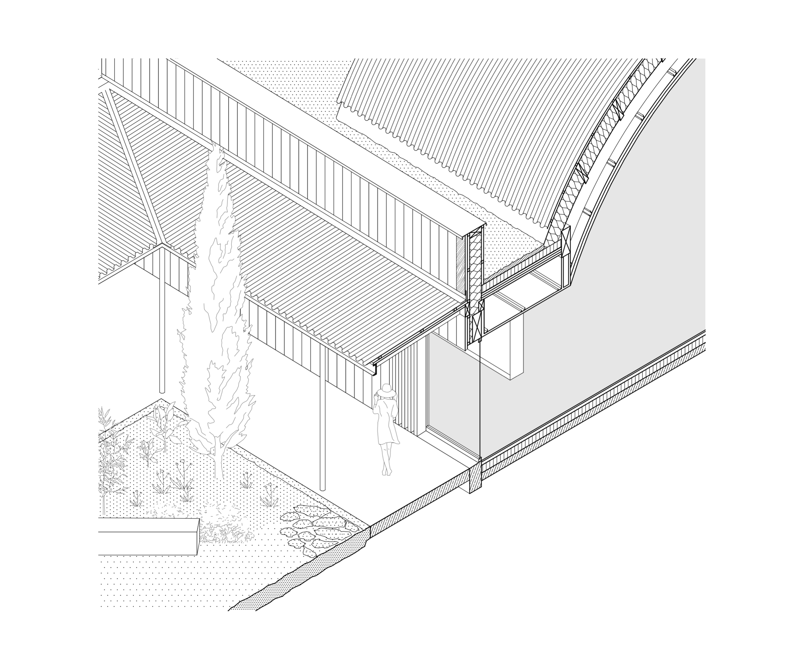 Détail axonométrique du pôle culturel de Vaison-la-Romaine, montrant l’enceinte en pierre, la toiture métallique nervurée et le jardin intérieur planté.