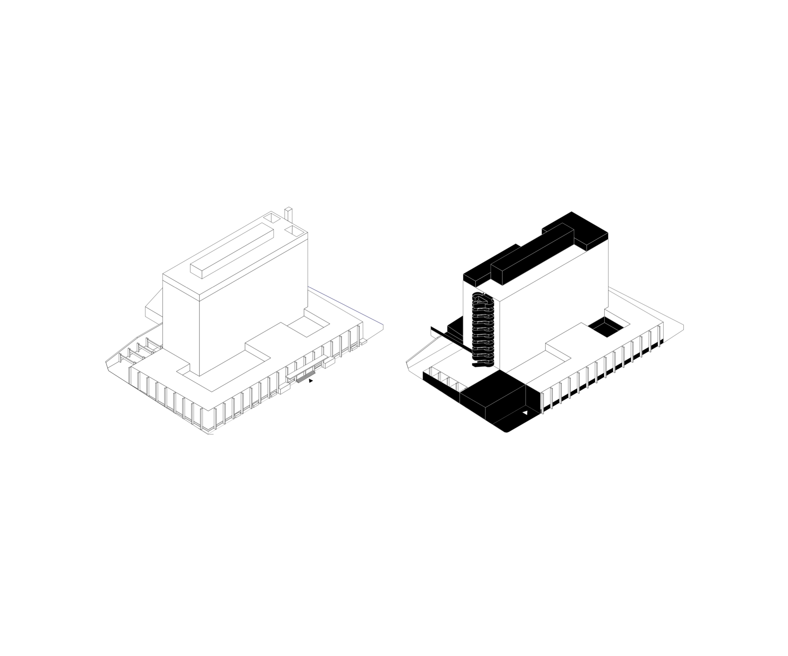 Axonométries du projet de réhabilitation de l’IGH Émile Loubet à Saint-Étienne, montrant socle tertiaire, tour restructurée et ajouts en attique et escalier extérieur.