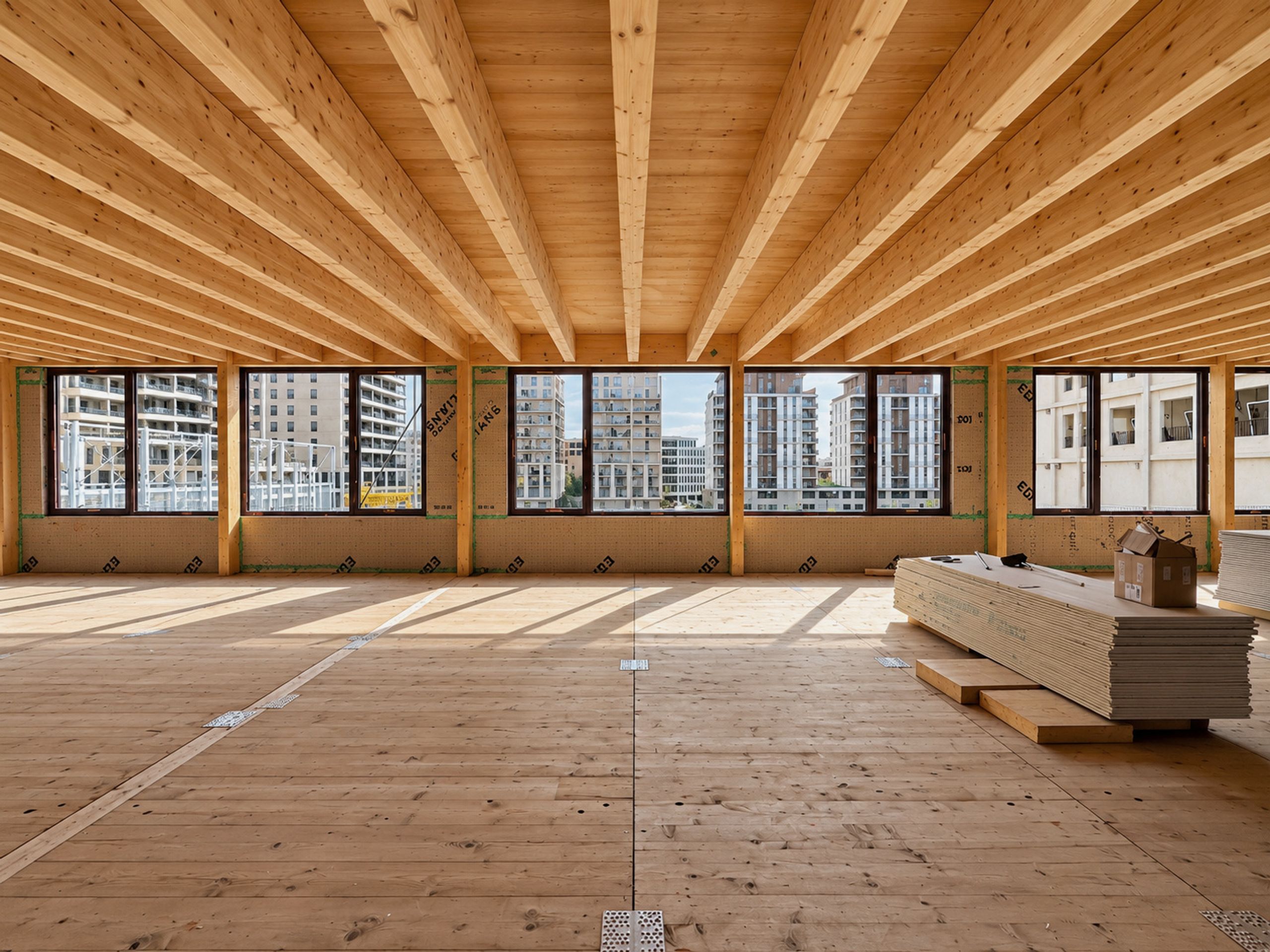 Chantier du groupe scolaire Frida Kahlo à Bordeaux : structure bois apparente, plancher bois et baies cadrant les logements de l’îlot 8.10.