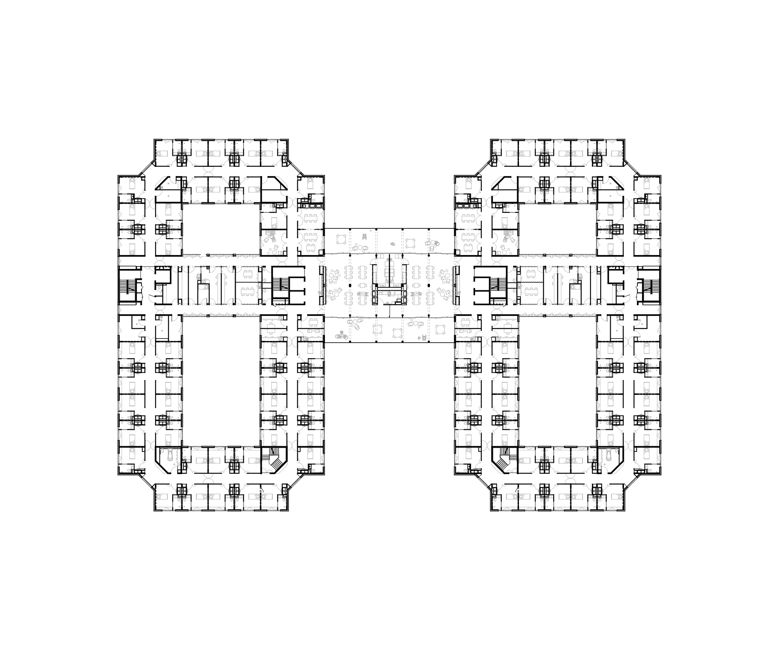 Plan d’étage de l’EHPAD à Auxerre conçu par Tectoniques, montrant une composition symétrique en double peigne : deux ailes principales en U accueillant les unités de chambres autour de patios intérieurs, reliées par un volume central plus large regroupant les espaces collectifs et de vie sociale. Le dessin technique détaille la trame structurelle, les circulations horizontales en boucle, les noyaux de circulation verticale, ainsi que l’implantation rationnelle des chambres, locaux de service et espaces communs, organisés pour optimiser la lisibilité des parcours et l’éclairement naturel.