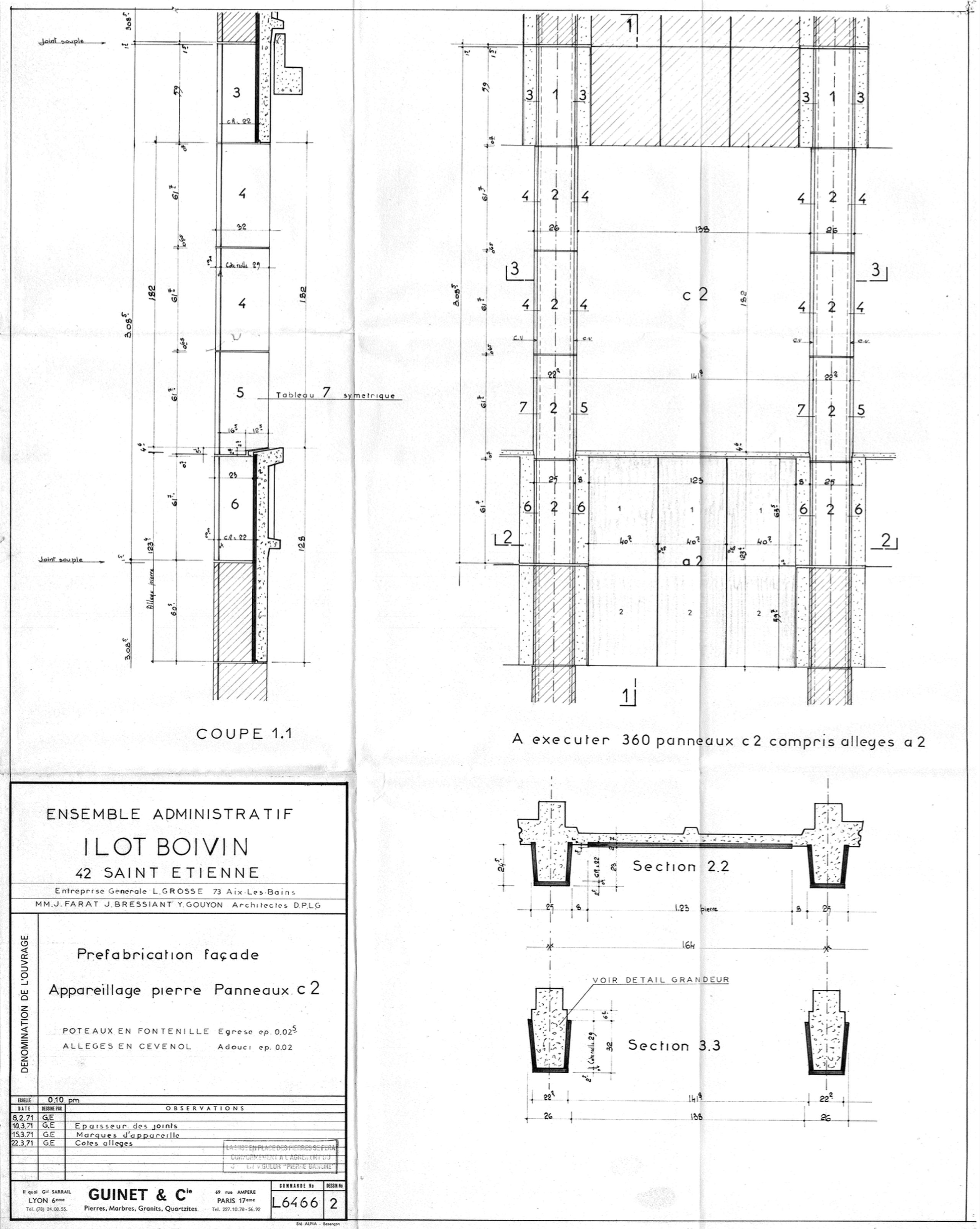 Plan d’exécution d’époque de la façade de l’IGH Émile Loubet à Saint-Étienne, montrant coupes verticales, sections de panneaux préfabriqués et détails de structure.