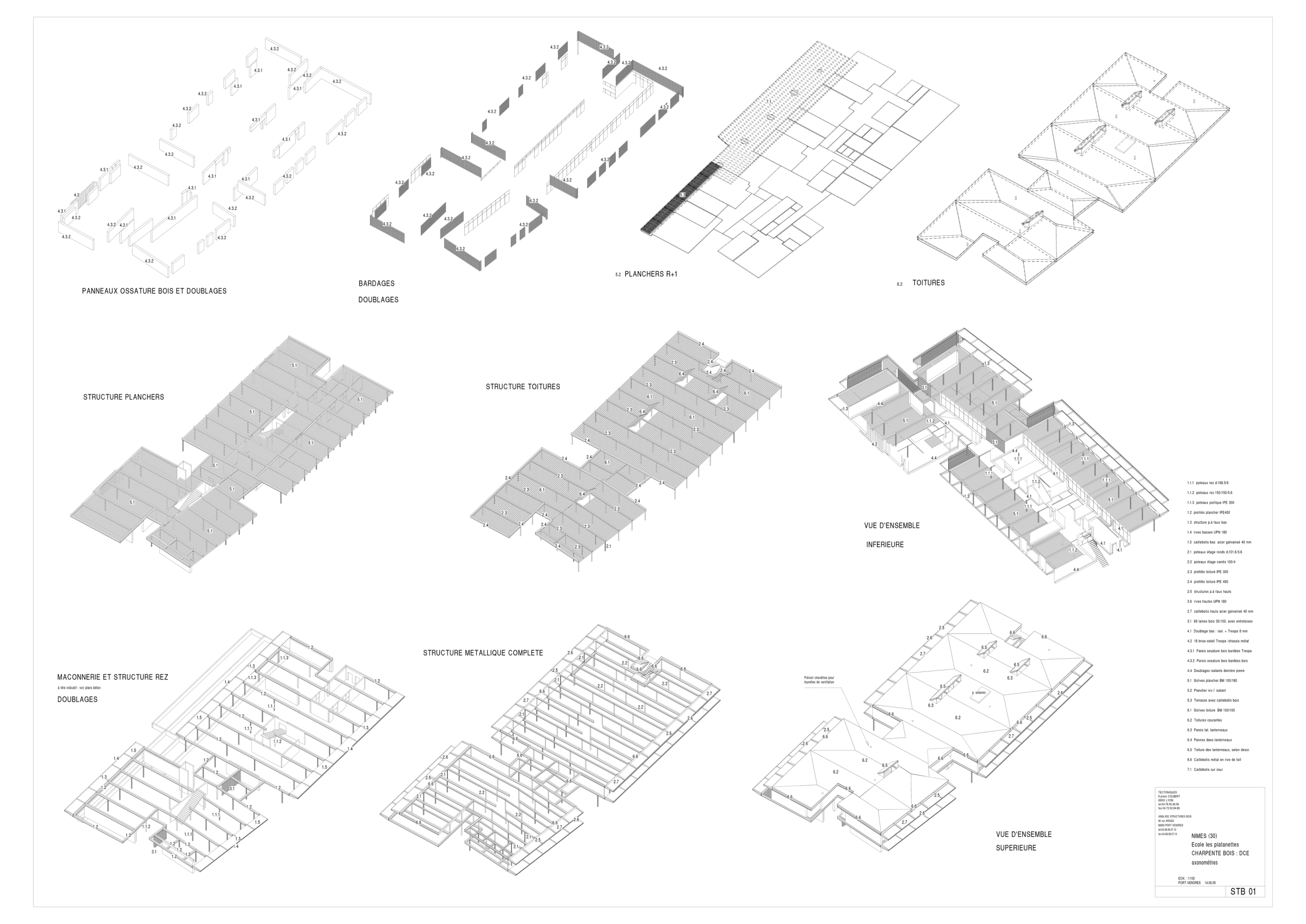 Planche axonométrique du chantier de l’école et centre de loisirs Jean Carrière à Nîmes, détaillant par phases la structure sur pilotis, les planchers, toitures et enveloppes.