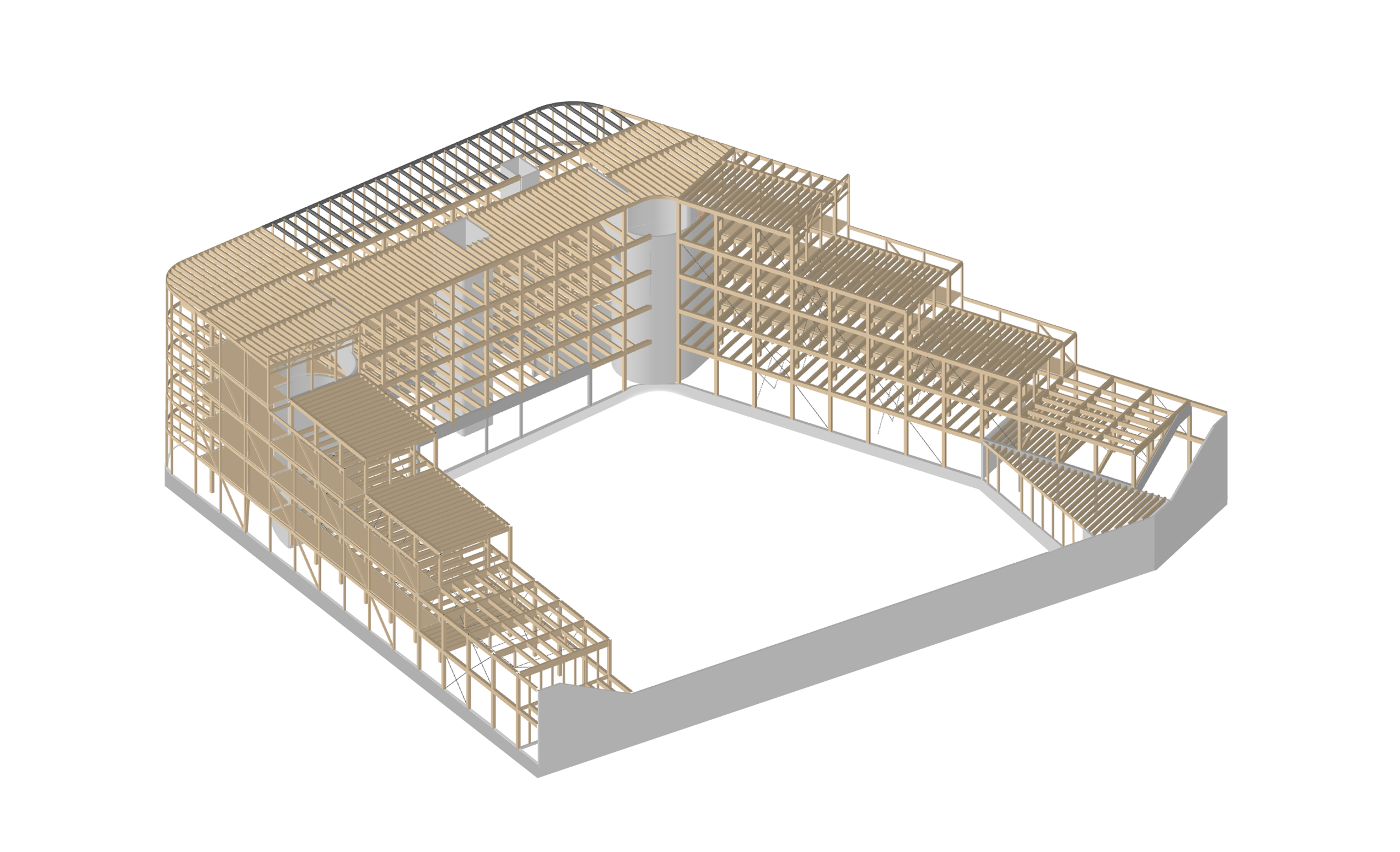 Axonométrie de la structure bois en U du groupe scolaire Dominique Frelaut à Colombes, montrant volumes gradinés autour de la cour centrale.