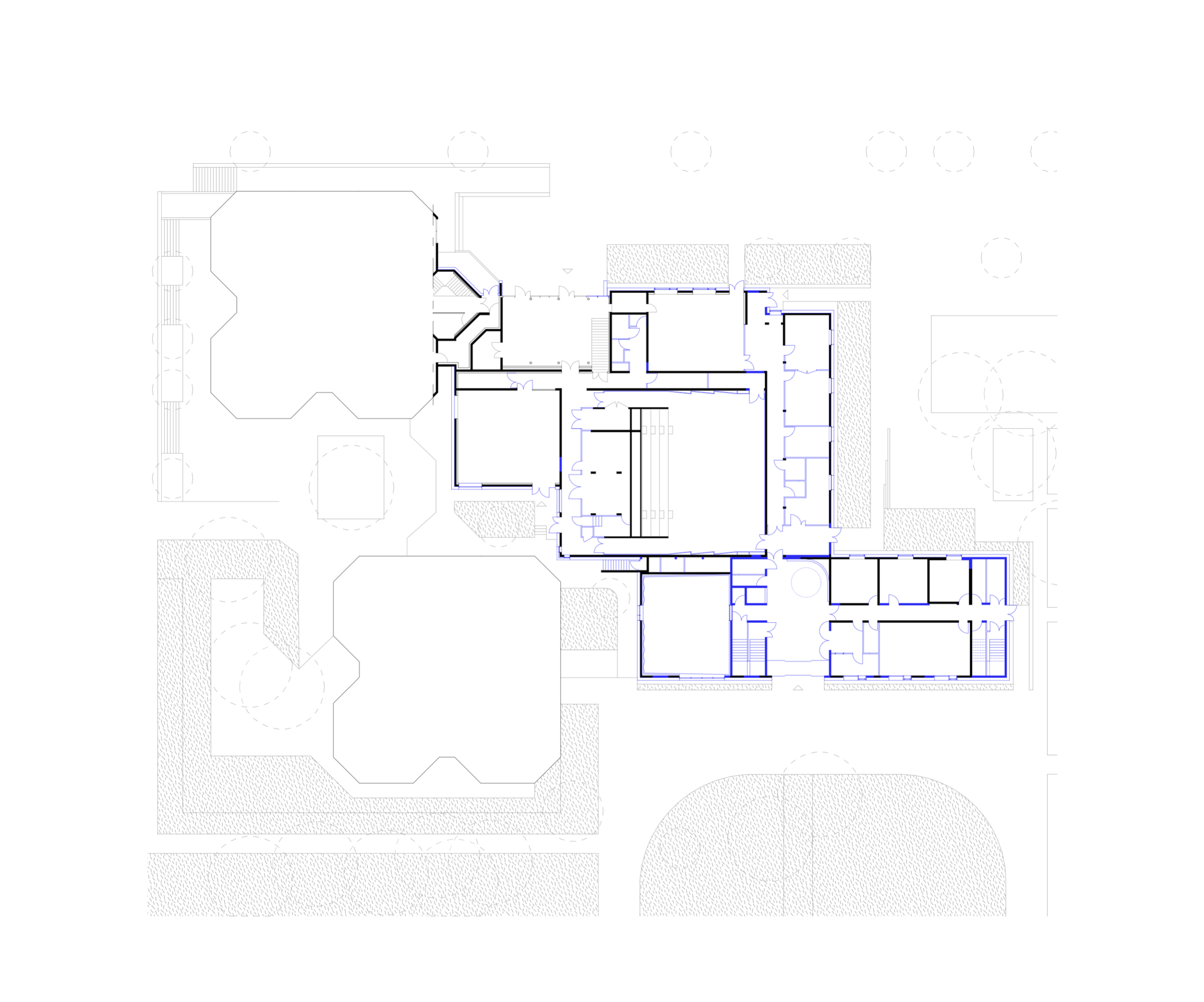 Plan de la réhabilitation du conservatoire intercommunal d’Annemasse, articulant salles, circulations et extensions autour du bâti existant.