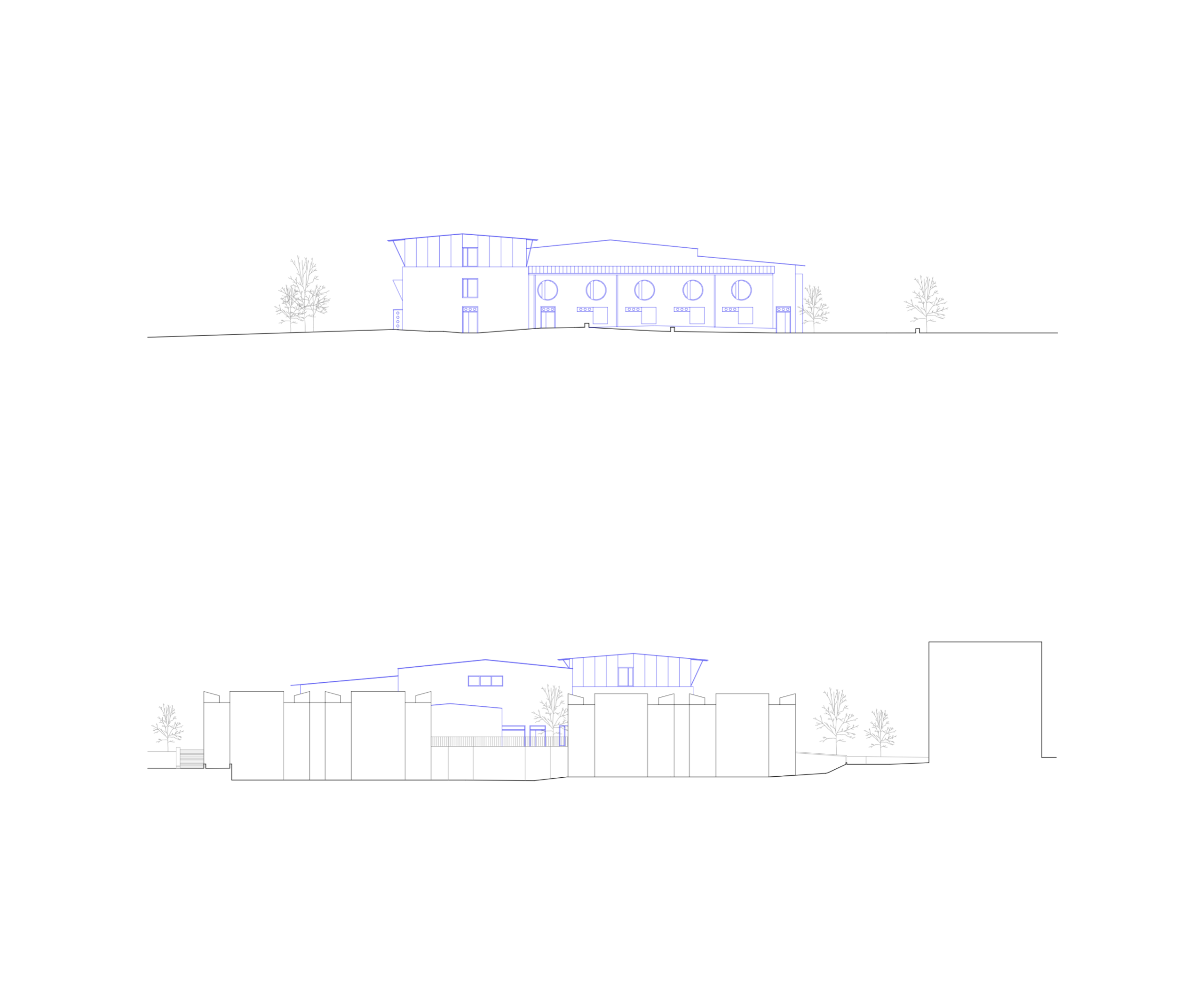 Élévations du conservatoire intercommunal réhabilité à Annemasse : volumes étagés, toiture plissée, façade rythmée de baies circulaires.