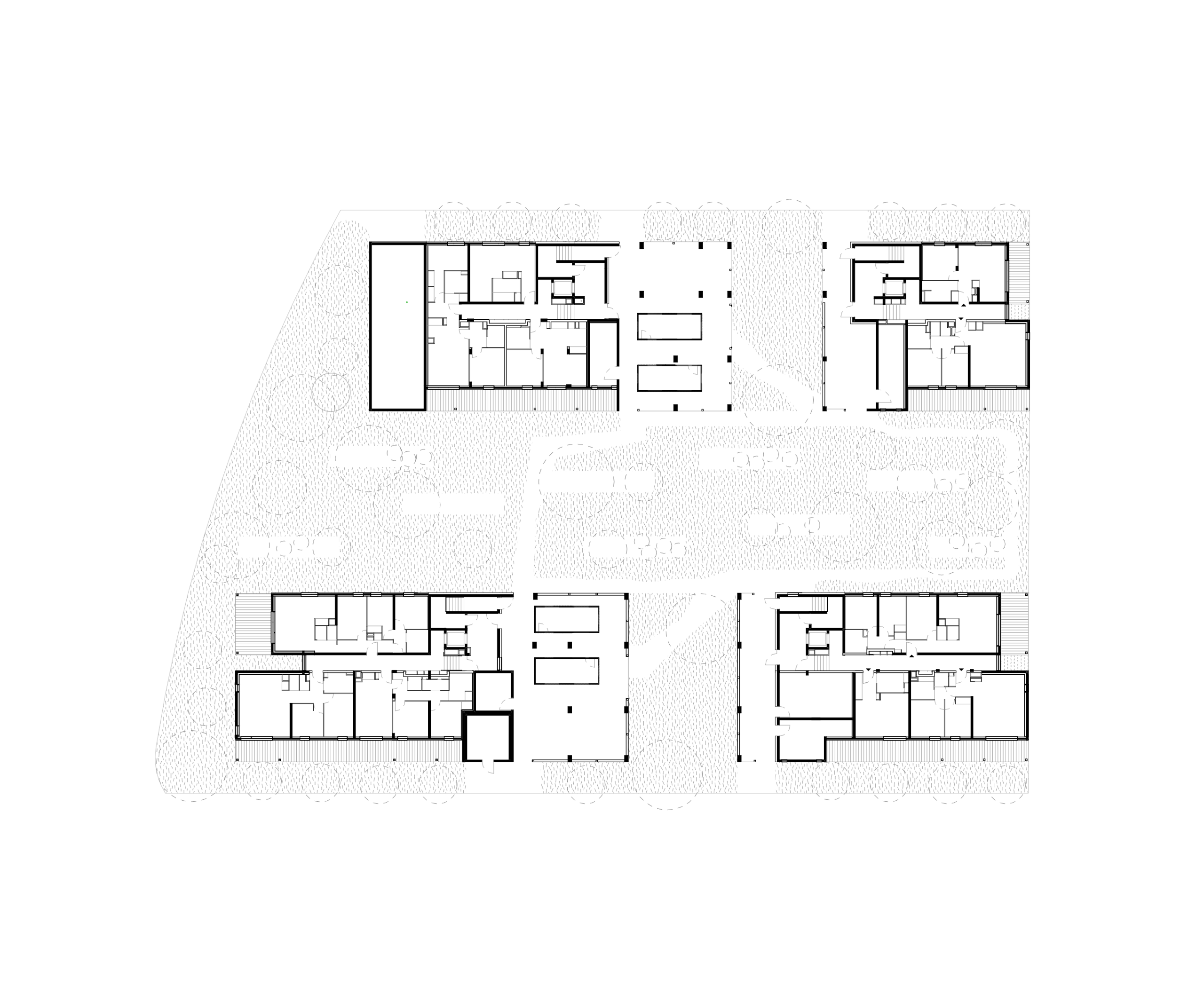 Plan masse des 116 logements à Vénissieux par Tectoniques, montrant quatre plots résidentiels fragmentés implantés de part et d’autre d’un axe paysager central, avec circulations piétonnes, halls traversants et espaces extérieurs en pleine terre arborée ; le dessin technique met en évidence la distribution des logements traversants ou à double orientation, les noyaux de circulation et l’organisation des volumes bâtis dans la parcelle.
