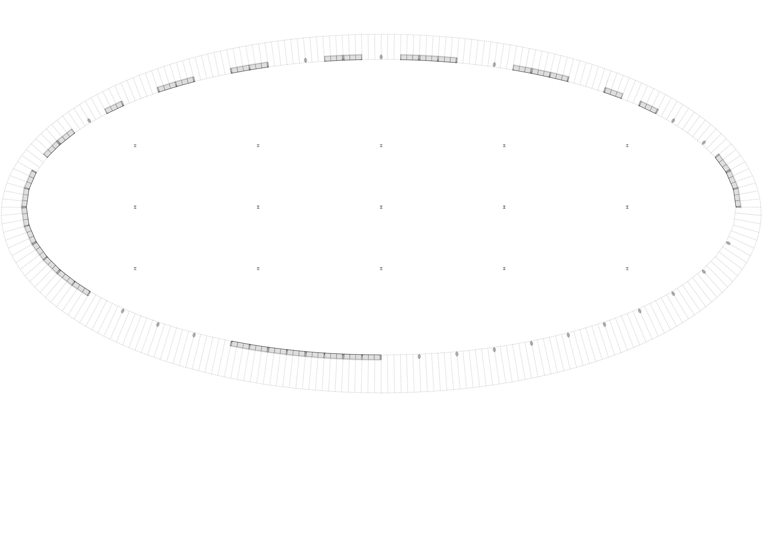 Plan ovale du pavillon Aquaterra à Hénin-Beaumont, montrant la trame régulière des portiques, la couronne périphérique bâtie et le vaste vide central polyvalent.