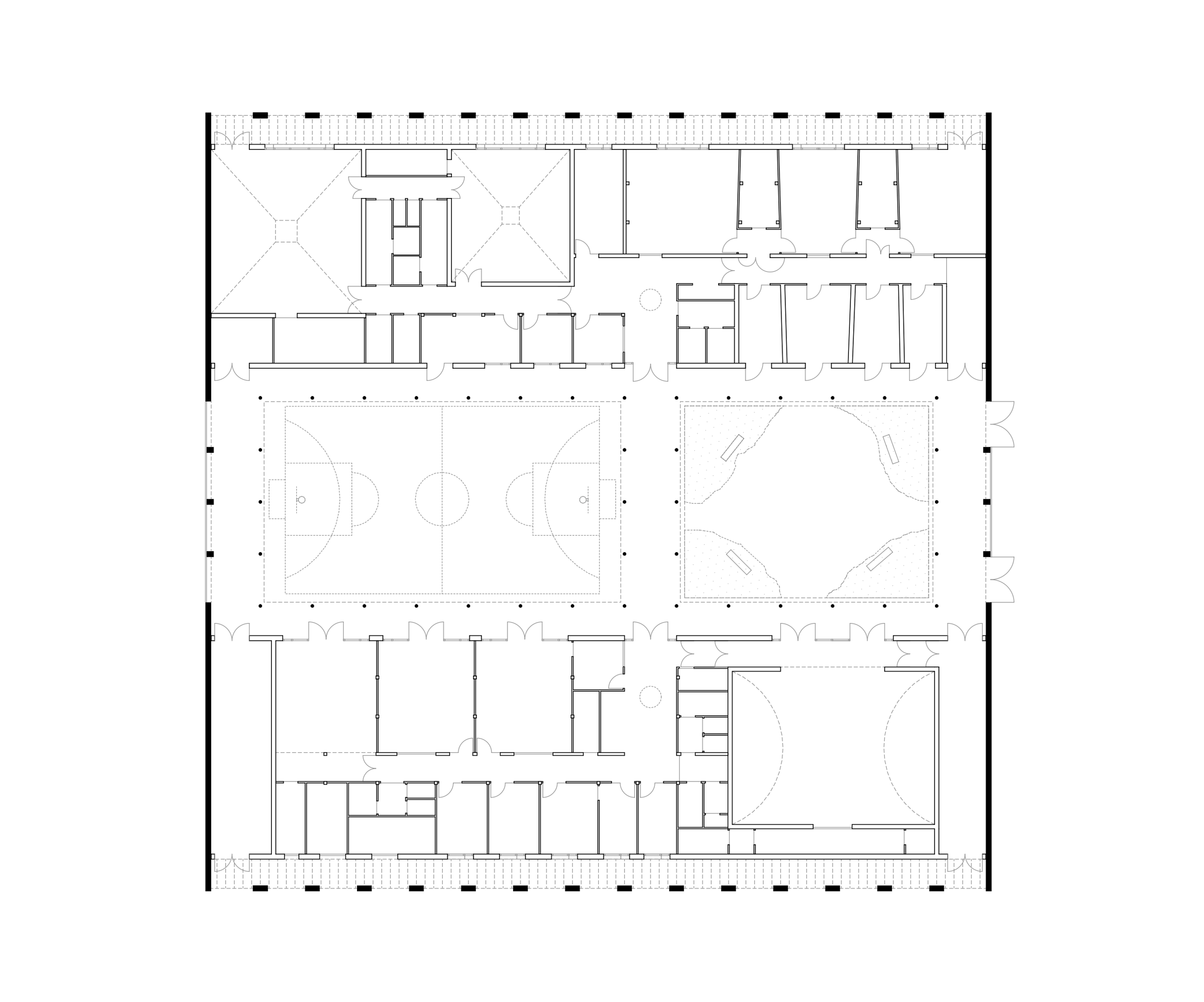 Ground floor plan of the Youth Cultural Center in Vaison-la-Romaine, showing stone enclosure, central sports court, garden patio and performance hall.