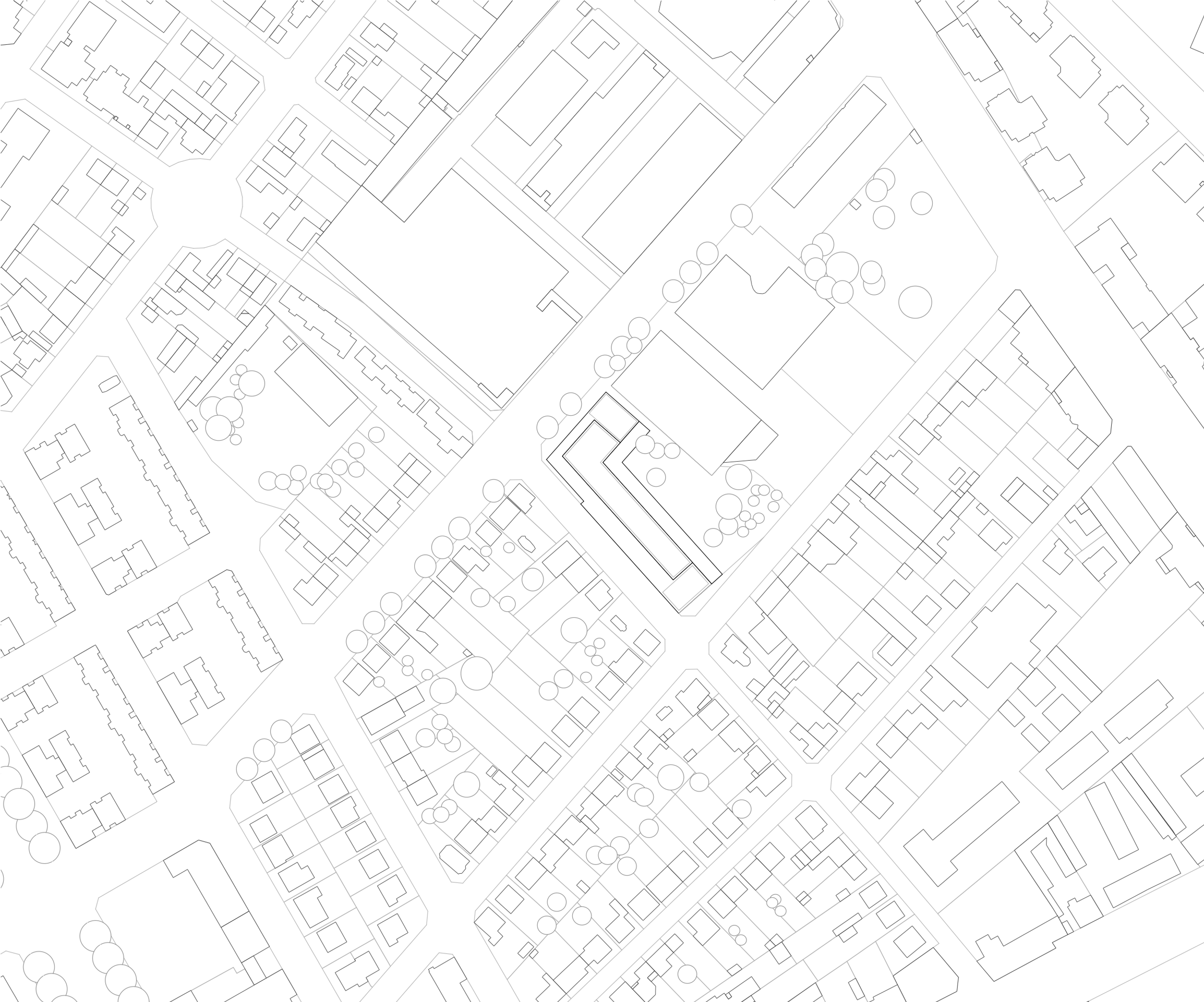 Plan masse du groupe scolaire J.F. Kennedy à Lyon, montrant l’implantation en L dans le tissu urbain dense, les volumes bâtis voisins et les alignements d’arbres.