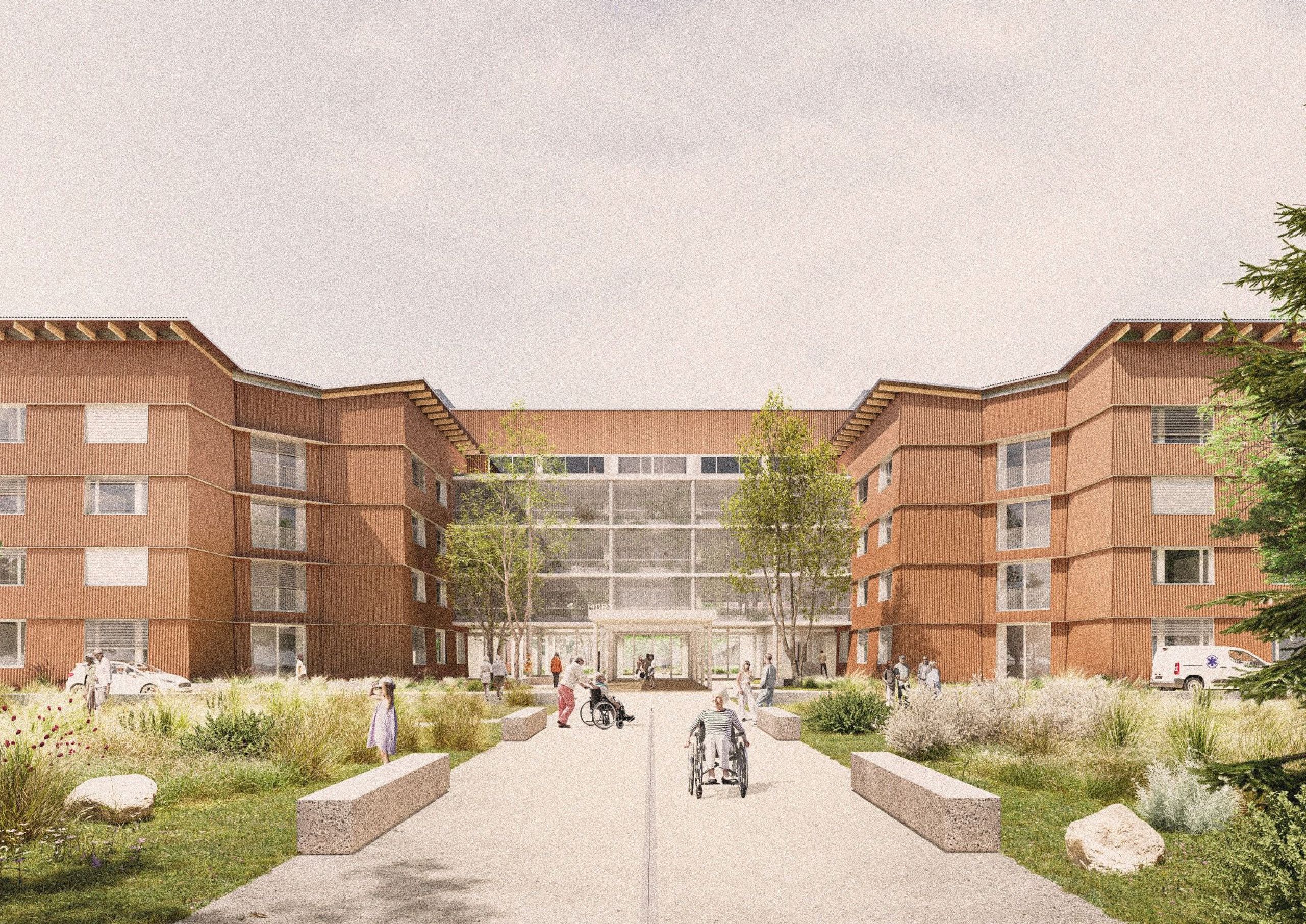 Perspective view of the Tectoniques architects’ nursing home in Auxerre, showing a symmetrical, four-storey timber-clad volume forming a U-shaped plan around a central forecourt. The two lateral wings frame a recessed, fully glazed central body that marks the main entrance and common areas, with vertical and horizontal mullions structuring the façade. The upper levels feature regular window bays set in a rhythmic grid of vertical cladding, while broad roof overhangs emphasize the horizontal lines of the building. In the foreground, a straight pedestrian axis leads to the entrance, bordered by low concrete benches, planted swales, and a mix of grasses, shrubs, and scattered rocks, creating a landscaped transition between public space and the healthcare facility. Residents and visitors, including people using wheelchairs, animate the outdoor spaces, indicating accessible circulation and use of the garden as an extension of the interior living areas.