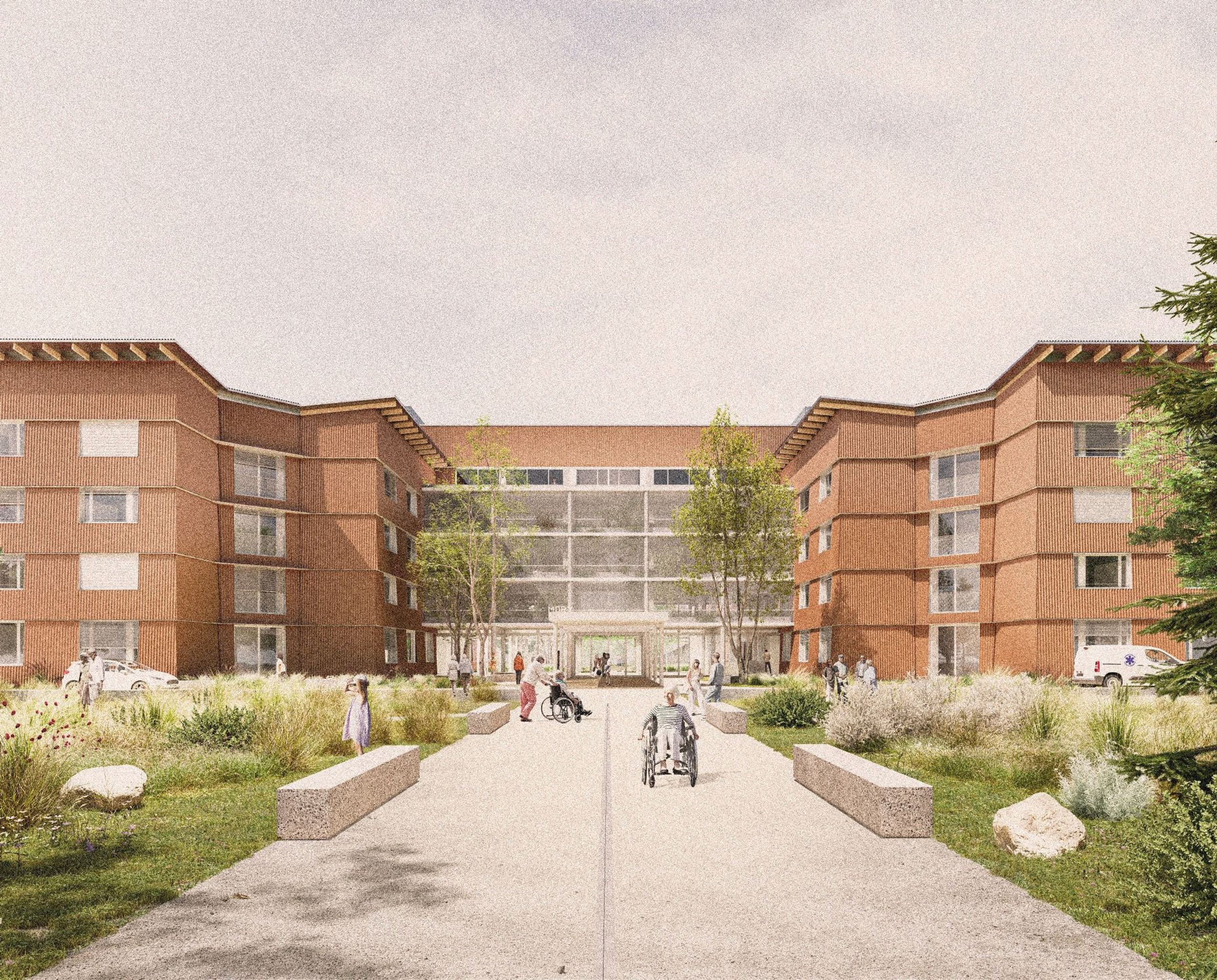 Vue frontale du projet d’EHPAD à Auxerre conçu par Tectoniques, montrant un bâtiment en U de quatre niveaux en structure apparente de béton et façades rythmées par un bardage horizontal brun et de larges baies vitrées ; un parvis central paysager, planté de graminées et d’arbustes, organise l’accès principal et la circulation des résidents en fauteuil roulant et des visiteurs vers un hall largement vitré en retrait, encadré par deux ailes symétriques.