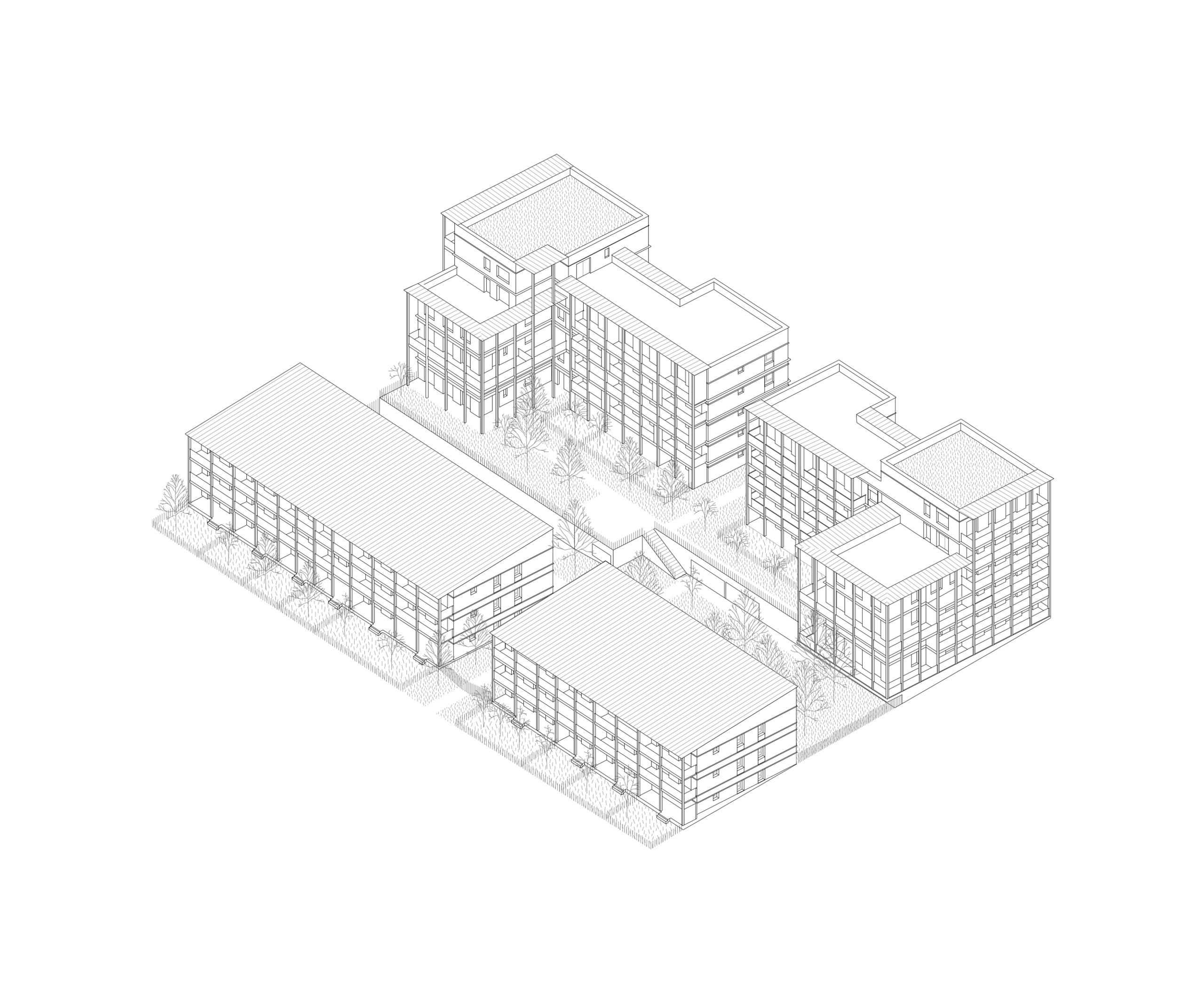 Axonométrie du projet de 84 logements à Trévoux : volumes en gradins dans la pente, coursives extérieures, balcons filants et structure bois-béton hybride.