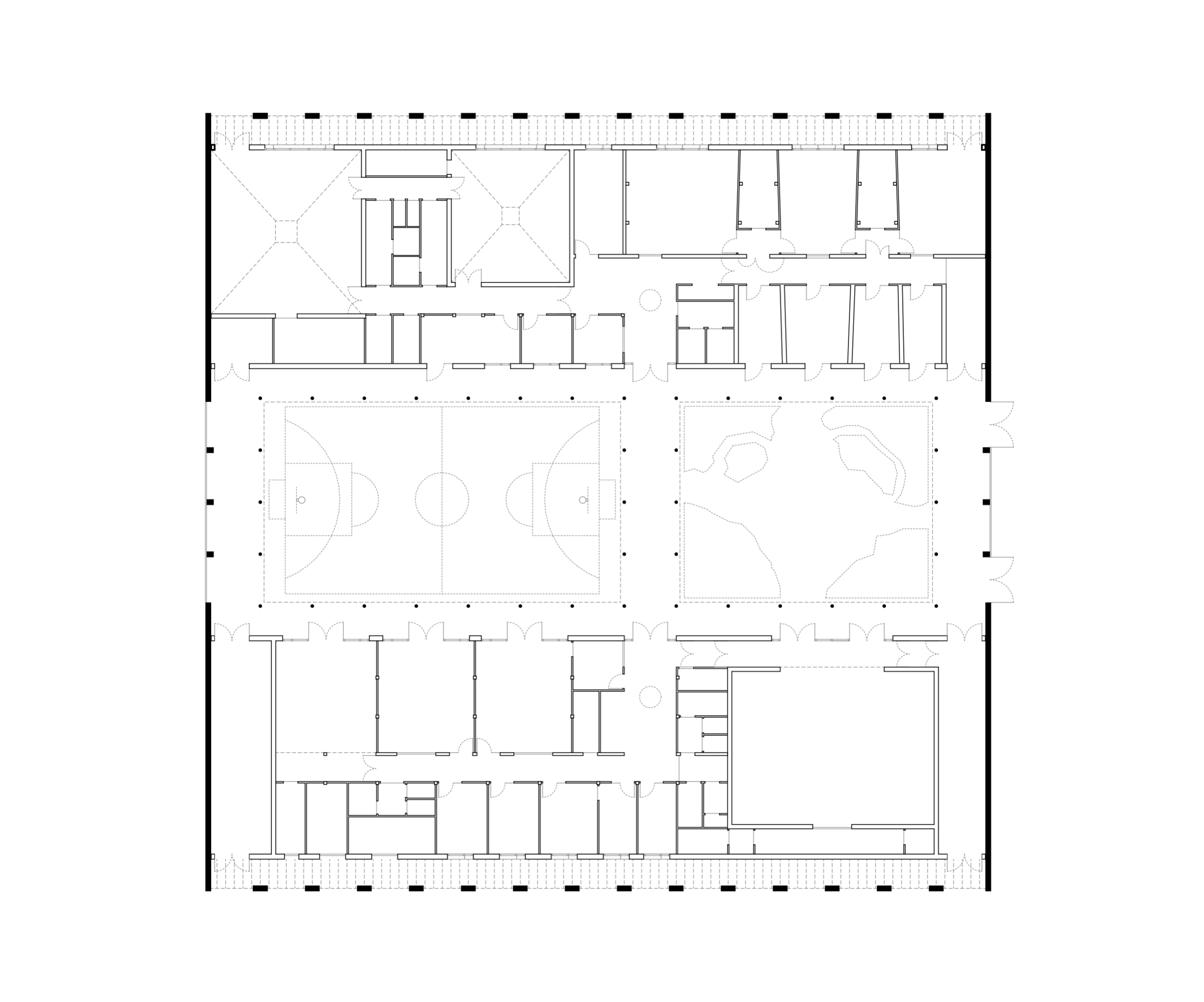 Plan du pôle culture et jeunesse de Vaison-la-Romaine : enceinte carrée en pierre, deux ailes bâties encadrant un city stade et un jardin central.