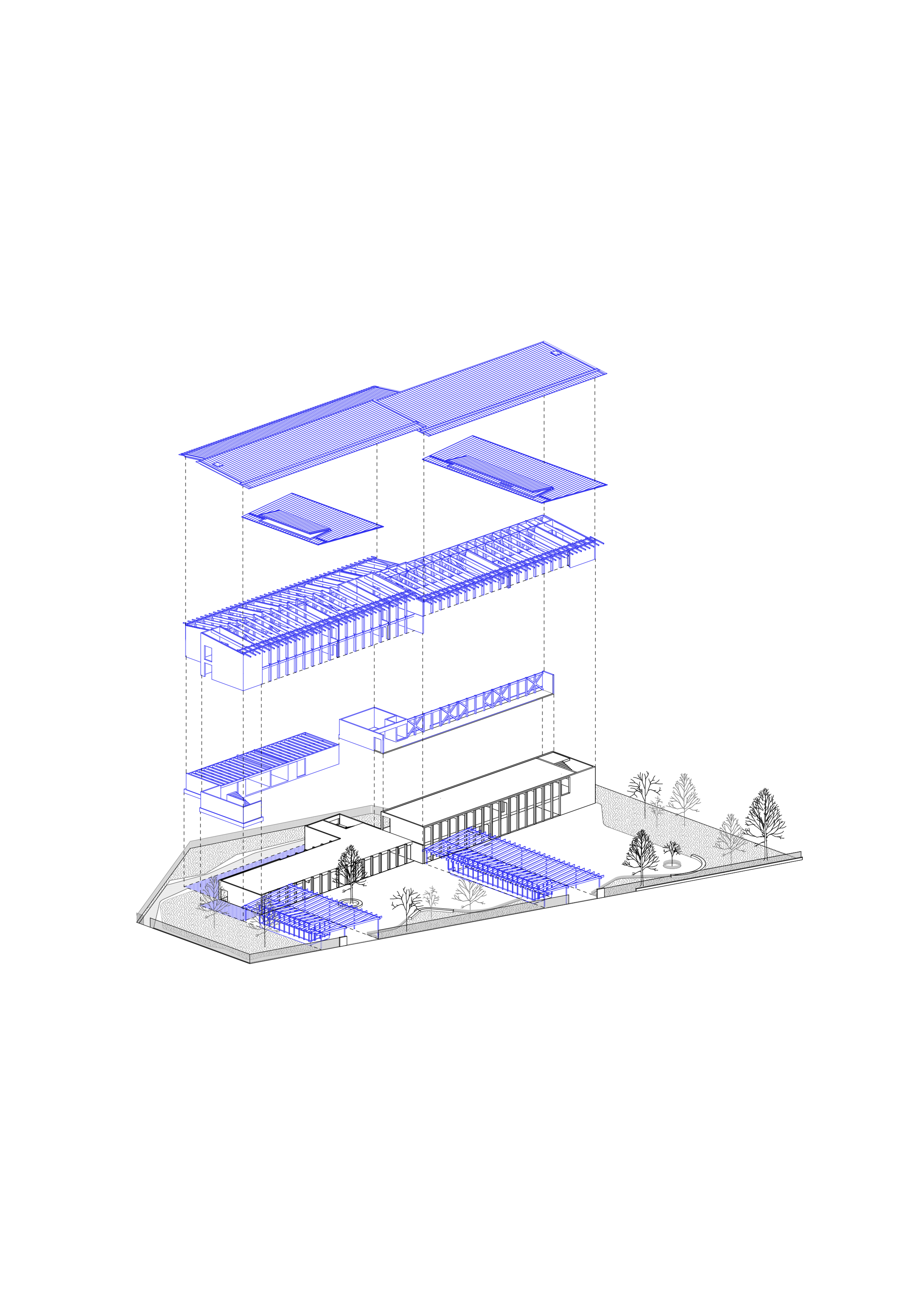 Axonométrie éclatée de la transformation du School complex du Bouchet à Bonneville, montrant surélévation bois, préaux neufs et structure béton existante.