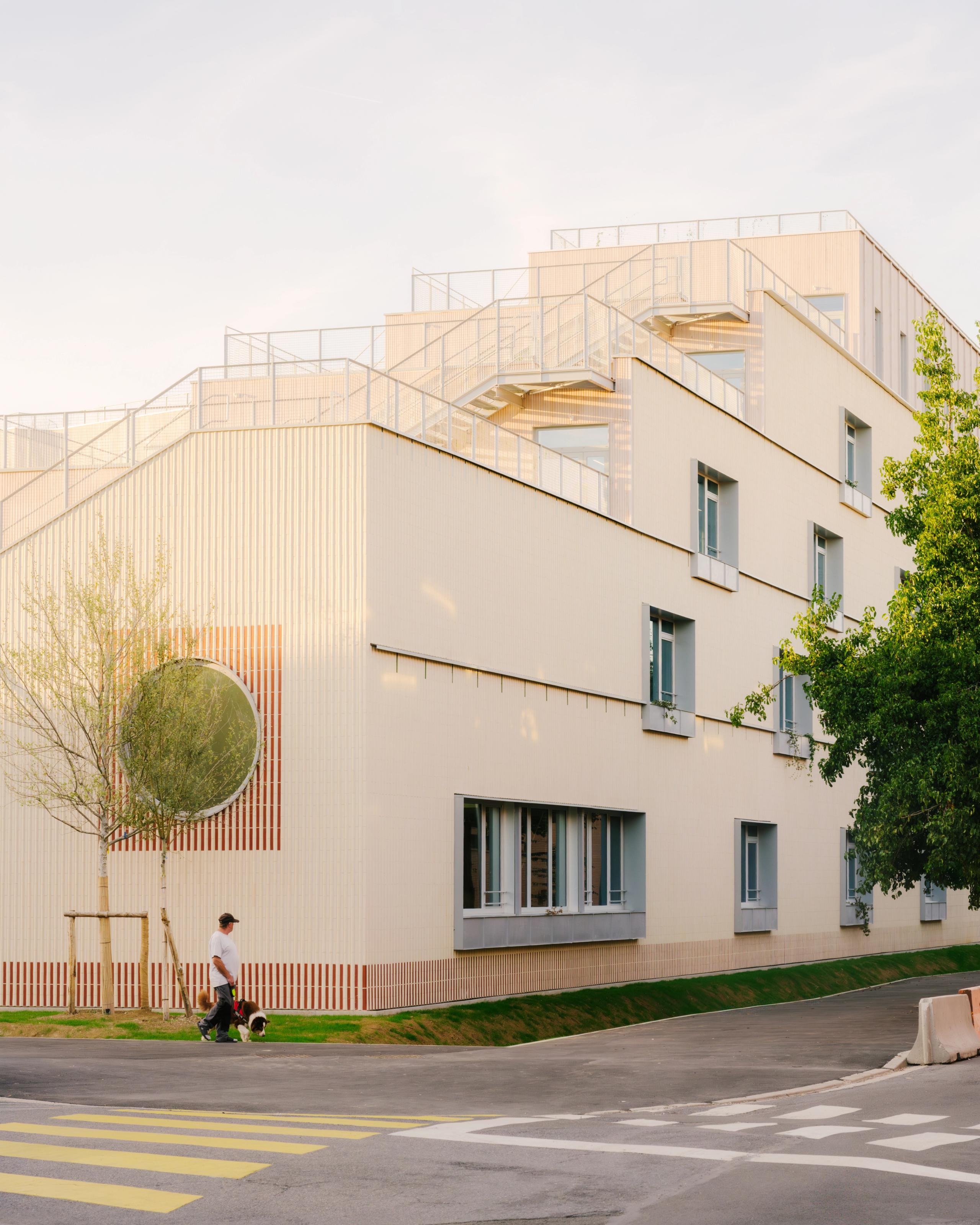 Façade sud du groupe scolaire Dominique Frelaut à Colombes, volume gradiné en U, terrasses accessibles, bardage clair rythmé, ouvertures cadrées et oculus circulaire.