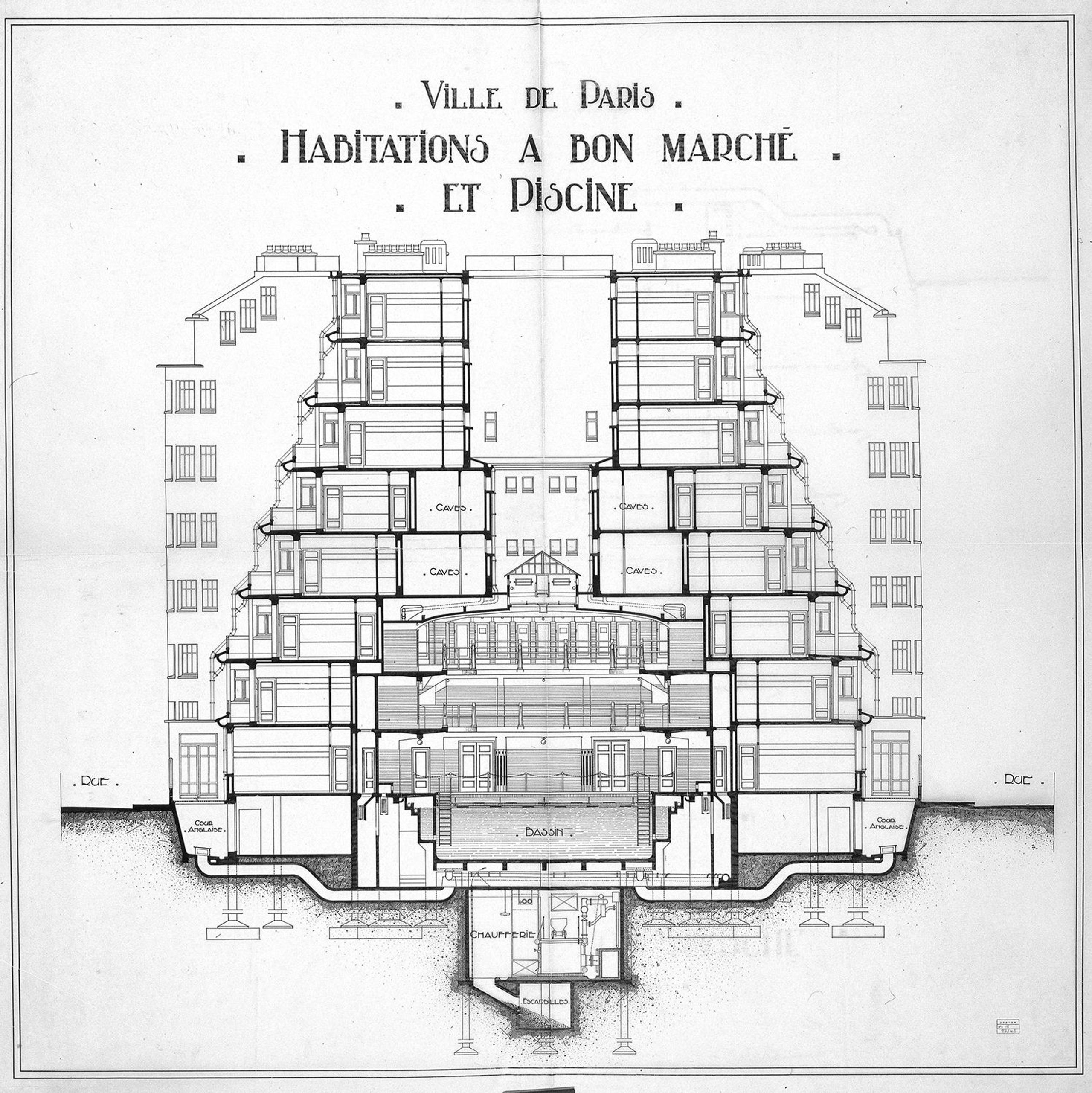 Coupe architecturale détaillée d’un immeuble parisien de logements sociaux avec piscine, montrant structure, niveaux d’habitation et sous-sol technique.