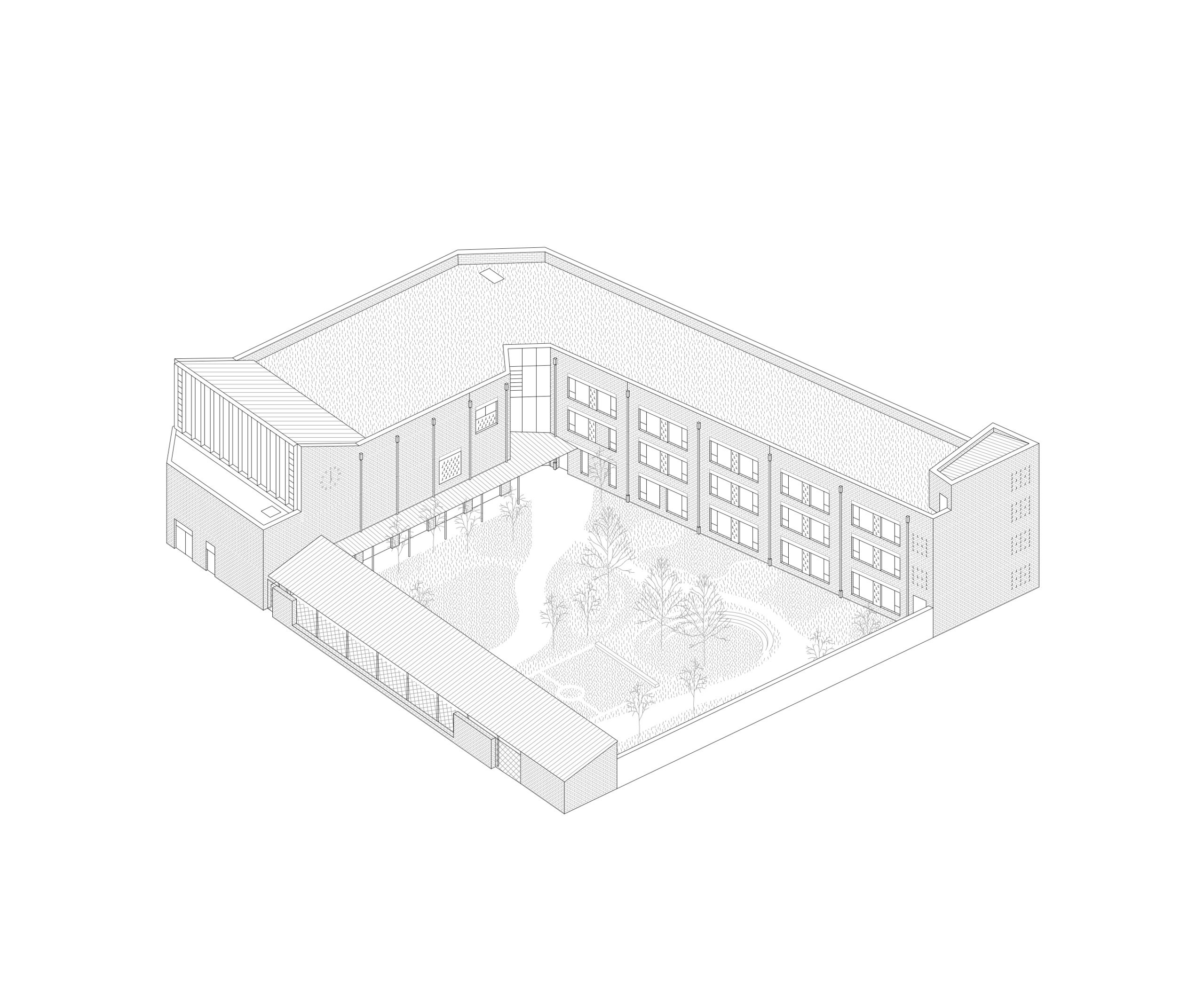 Axonométrie du School complex Pompidou Mourguet à Lyon, volumes en équerre maçonnés autour de cours plantées, façades rythmées et préau couvert.