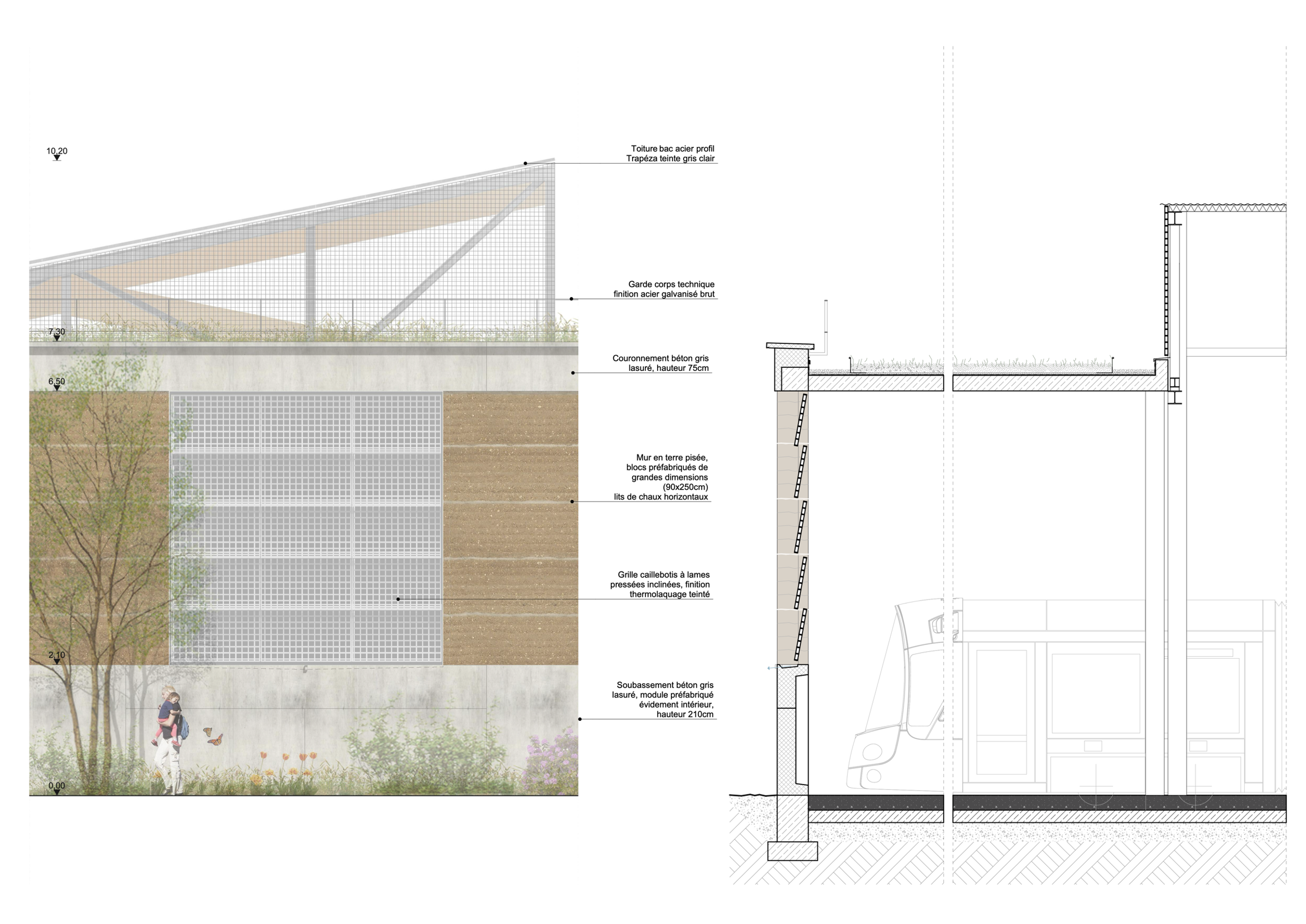 Elevation and section of the Lyon tramway maintenance center showing rammed earth and concrete base, metal mesh façade and timber roof truss over tram hall.