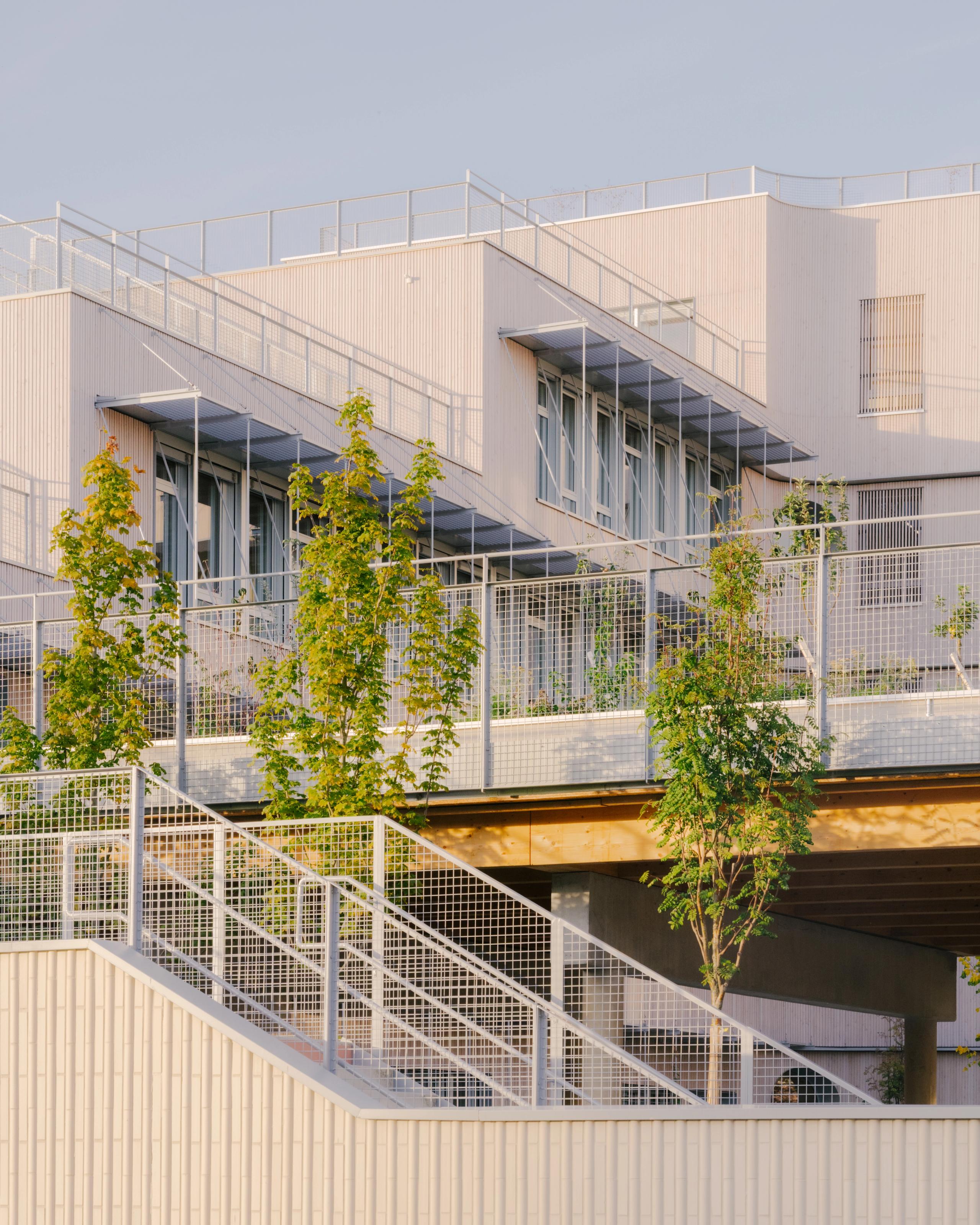 Façade en gradins du groupe scolaire Dominique Frelaut à Colombes, structure bois-béton, garde-corps métalliques et terrasses plantées en surplomb de la cour.