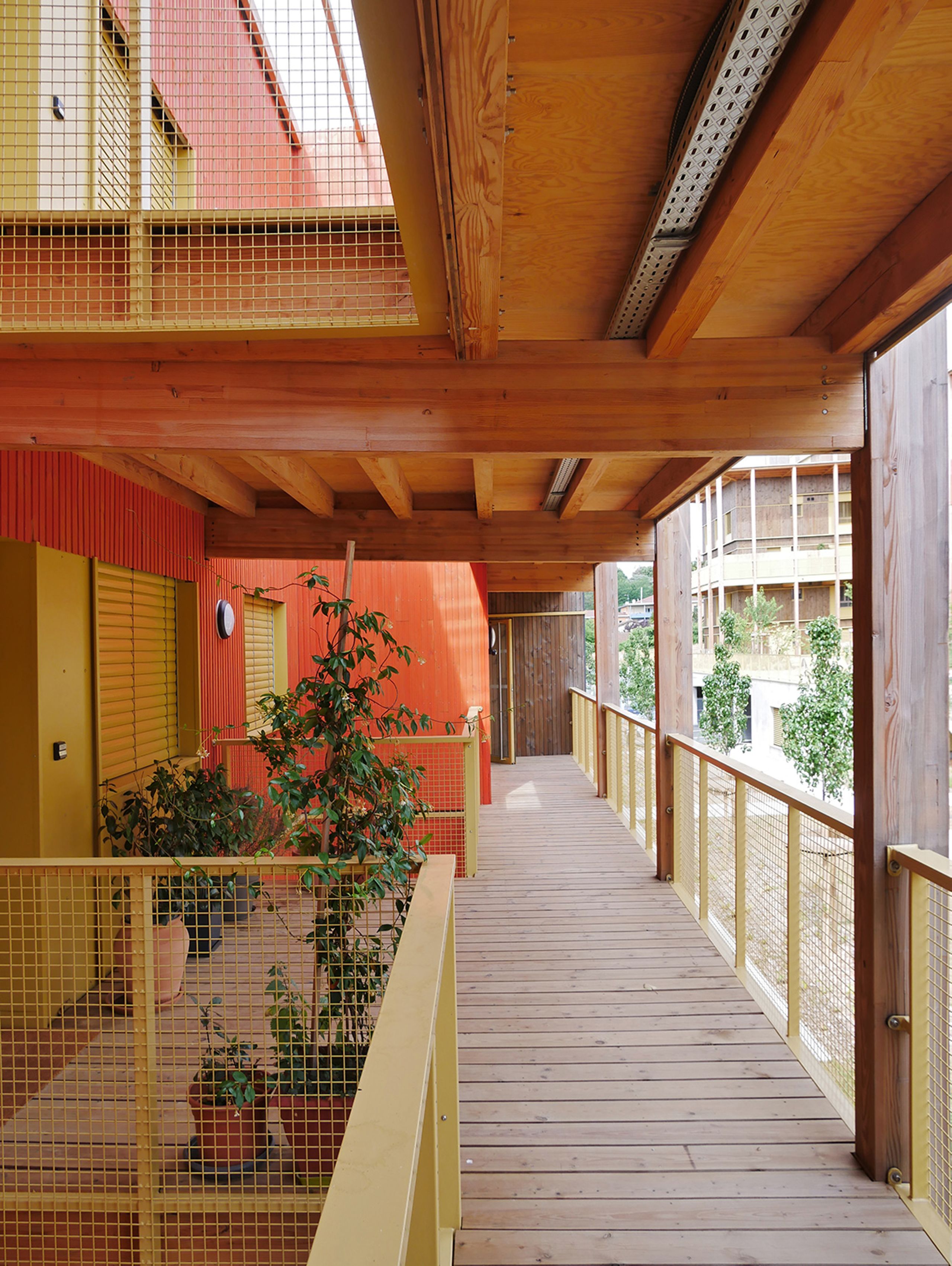 Coursive en bois des 84 logements à Trévoux, structure poteaux-dalles et façades à ossature bois, garde-corps métalliques colorés et plantations en bacs.