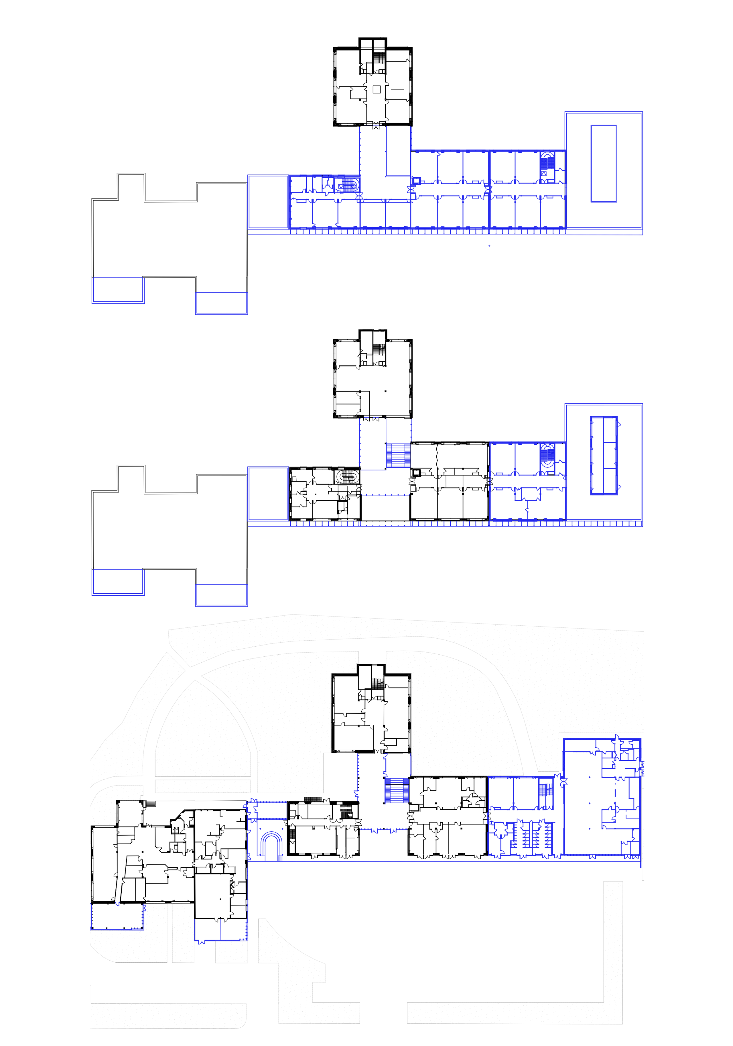 Plans de niveaux du Secondary school Maryse Bastié à Dole, montrant la Restructuring des ailes existantes et des extensions en enfilade.