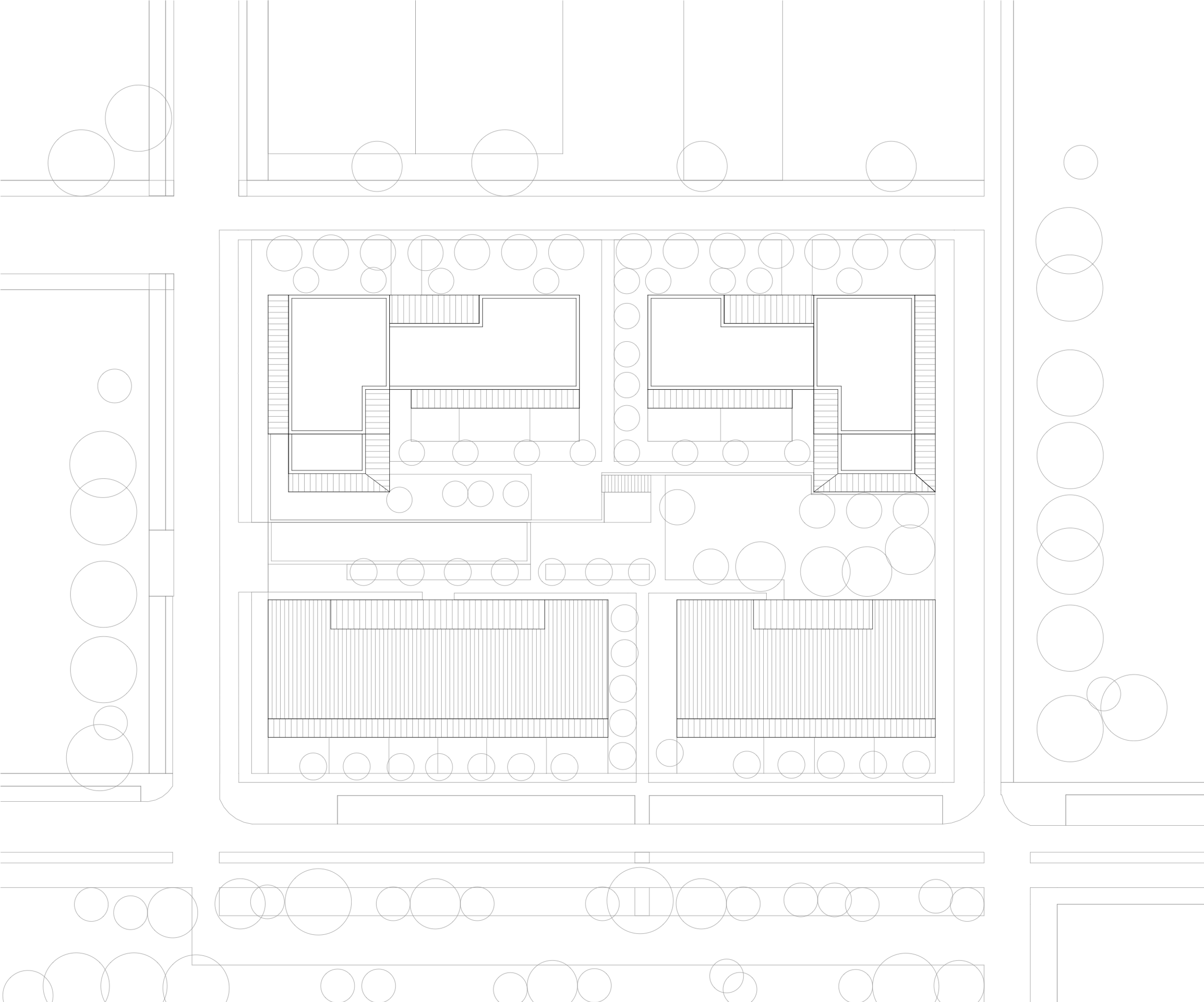 Plan masse des 84 logements Tectoniques à Trévoux, bâtiments en paliers autour d’espaces plantés, implantés en lisière de parc et ouverts sur le paysage.