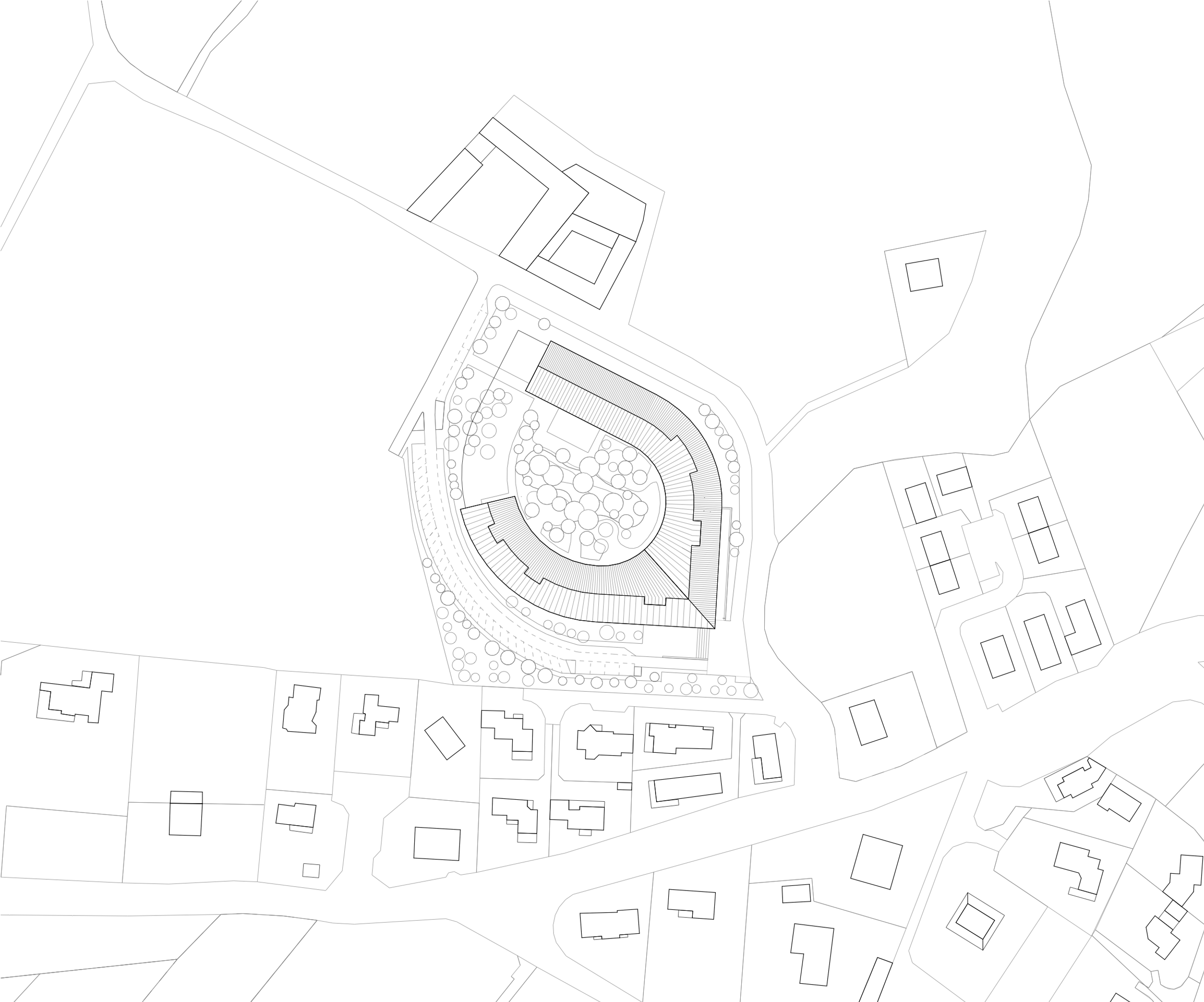 Plan masse du groupe scolaire à Vienne : bâtiment courbe sous grande toiture unitaire entourant une cour arborée, implanté en belvédère dans le tissu pavillonnaire.