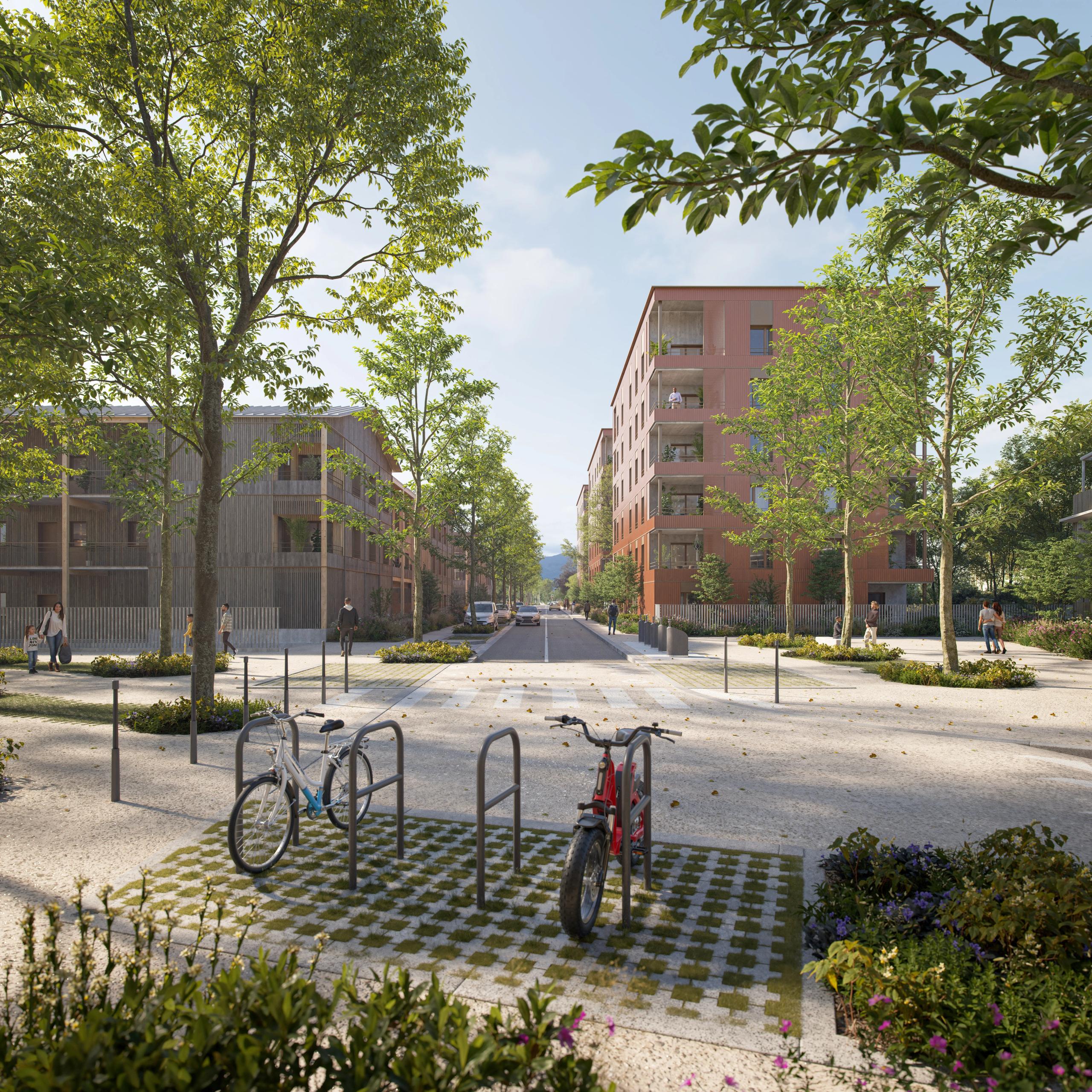 À Thoiry, les 187 logements bordent une voie plantée : façades en bois et terre cuite, balcons en retrait, cheminements piétons et stationnement vélo.