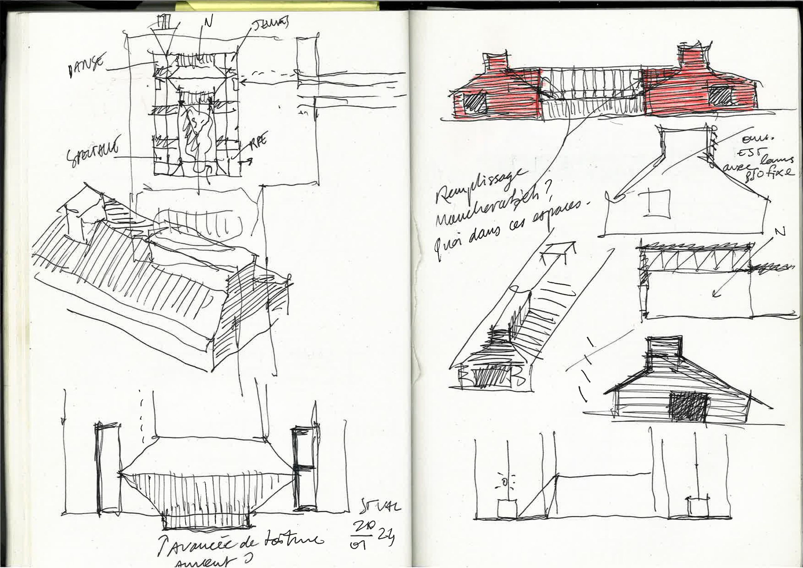 Architect’s sketchbook for the Cultural, Childhood and Youth Centre in Saint-Valérien, showing courtyard massing studies, roof profiles and timber façade concepts.