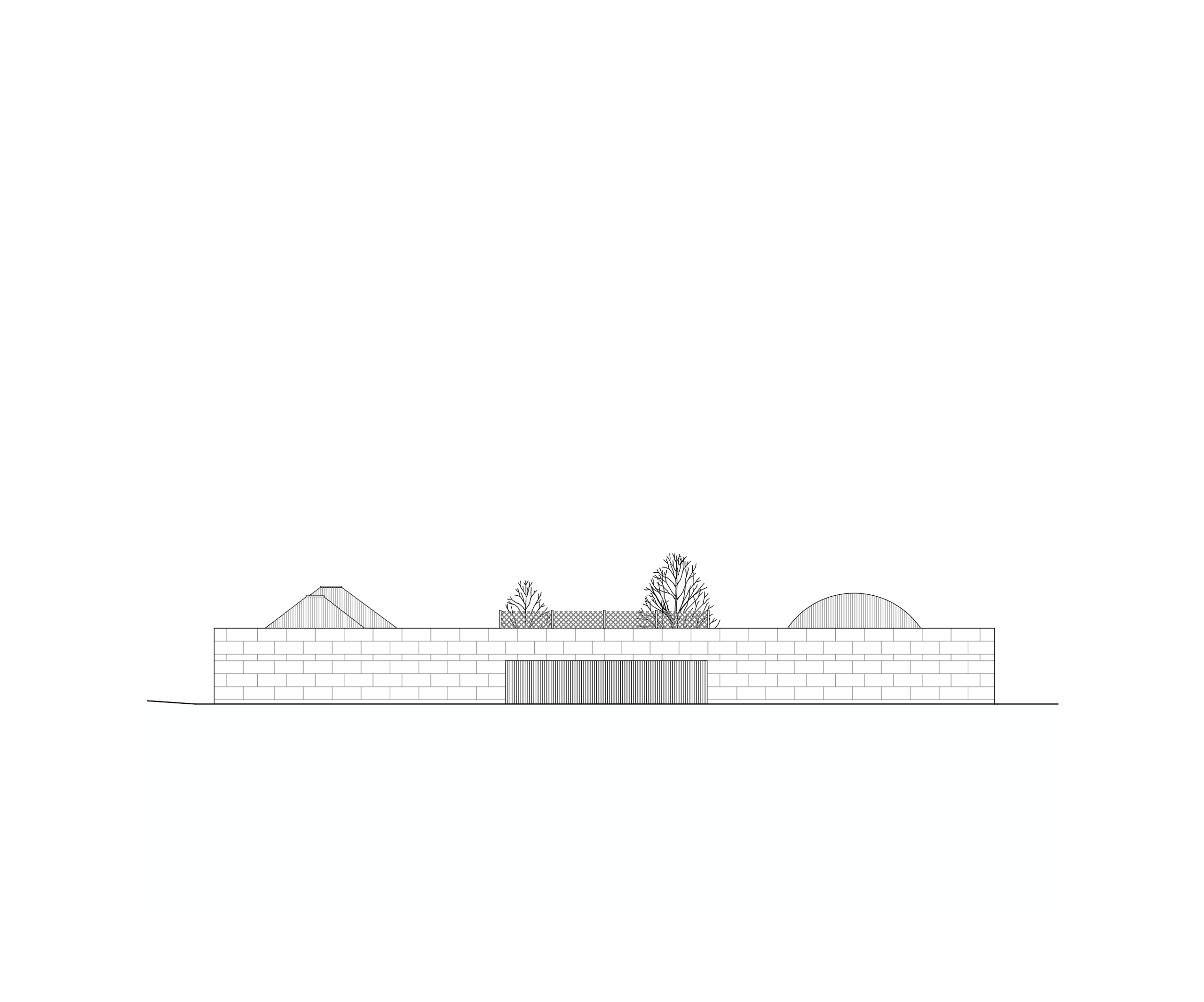 Elevation drawing of the Youth Cultural Center in Vaison-la-Romaine, showing a low stone enclosure with emerging roof volumes and inner garden trees.