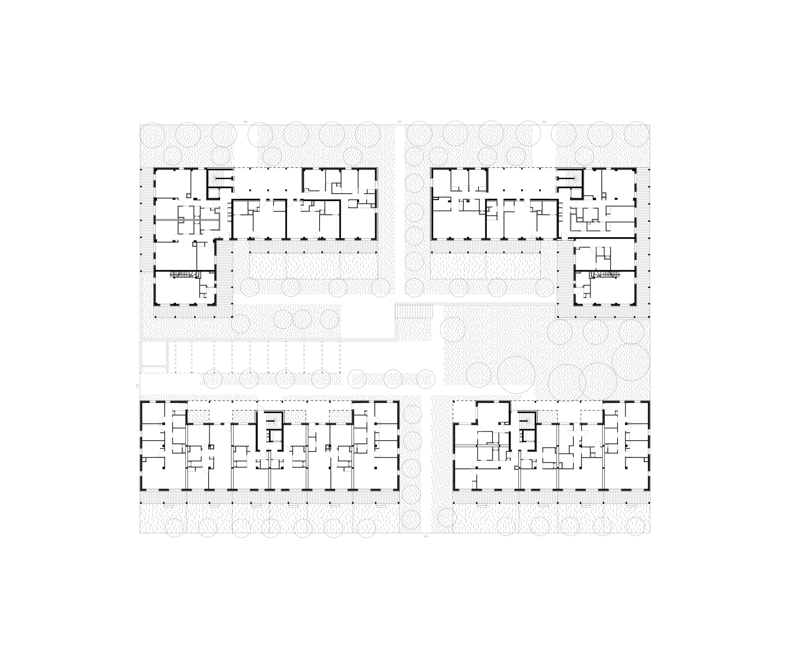 Plan masse des 84 logements à Trévoux par Tectoniques, quatre volumes en peigne dans un parc, logements traversants, coursives et balcons orientés au soleil.