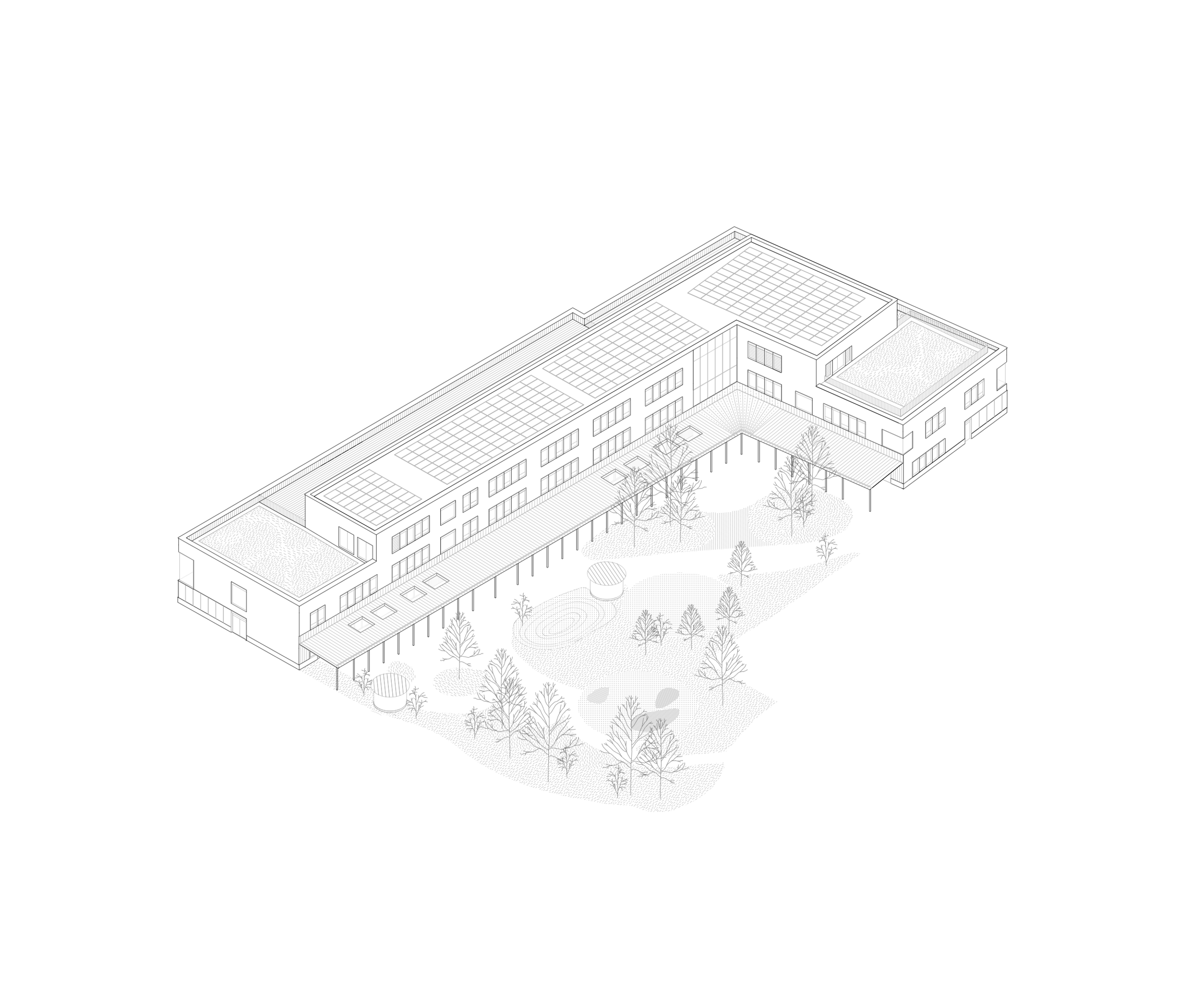 Axonométrie du groupe scolaire J.F. Kennedy à Lyon, volumes en L à toitures terrasses, grands vitrages sur cour plantée, préau linéaire et patios intégrés.