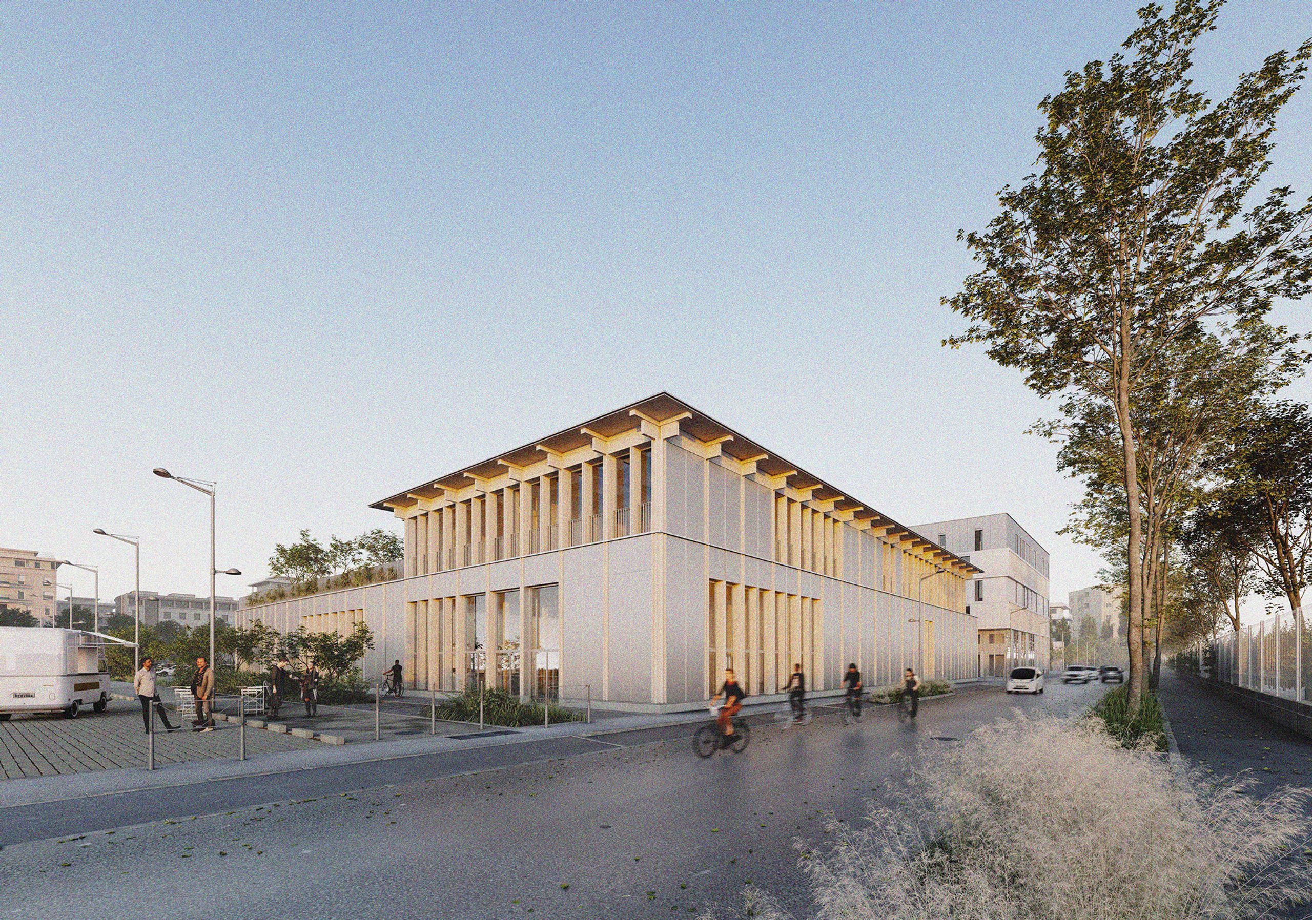 Vue de la Cité campus Assia Djebar à Vaulx-en-Velin : volume bas en béton clair rythmé de poteaux bois, toiture débordante et façade urbaine ouverte sur l’espace public.