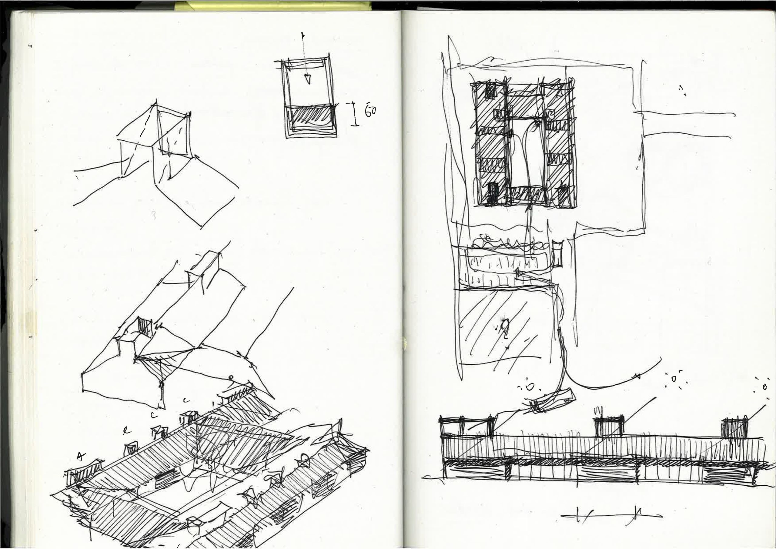 Architect’s sketchbook for the Cultural, Childhood and Youth Centre in Saint-Valérien, showing courtyard massing studies, roof volumes and sectional diagrams.