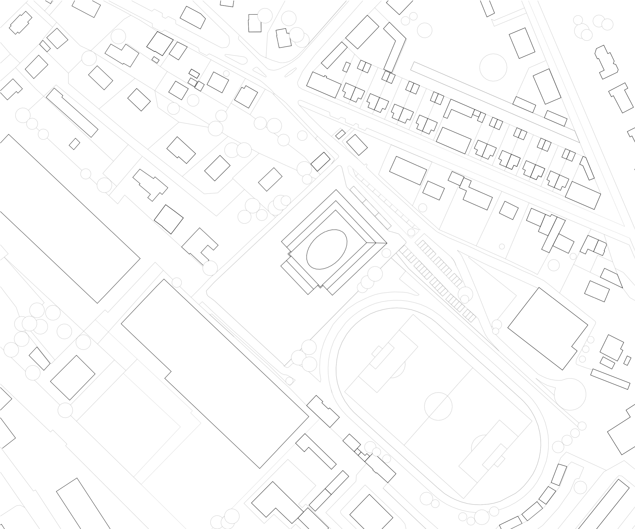 Site plan of Hubert Reeves Elementary School in Champagnole, showing the elliptical courtyard roof within the peri-urban fabric, adjacent to sports fields.