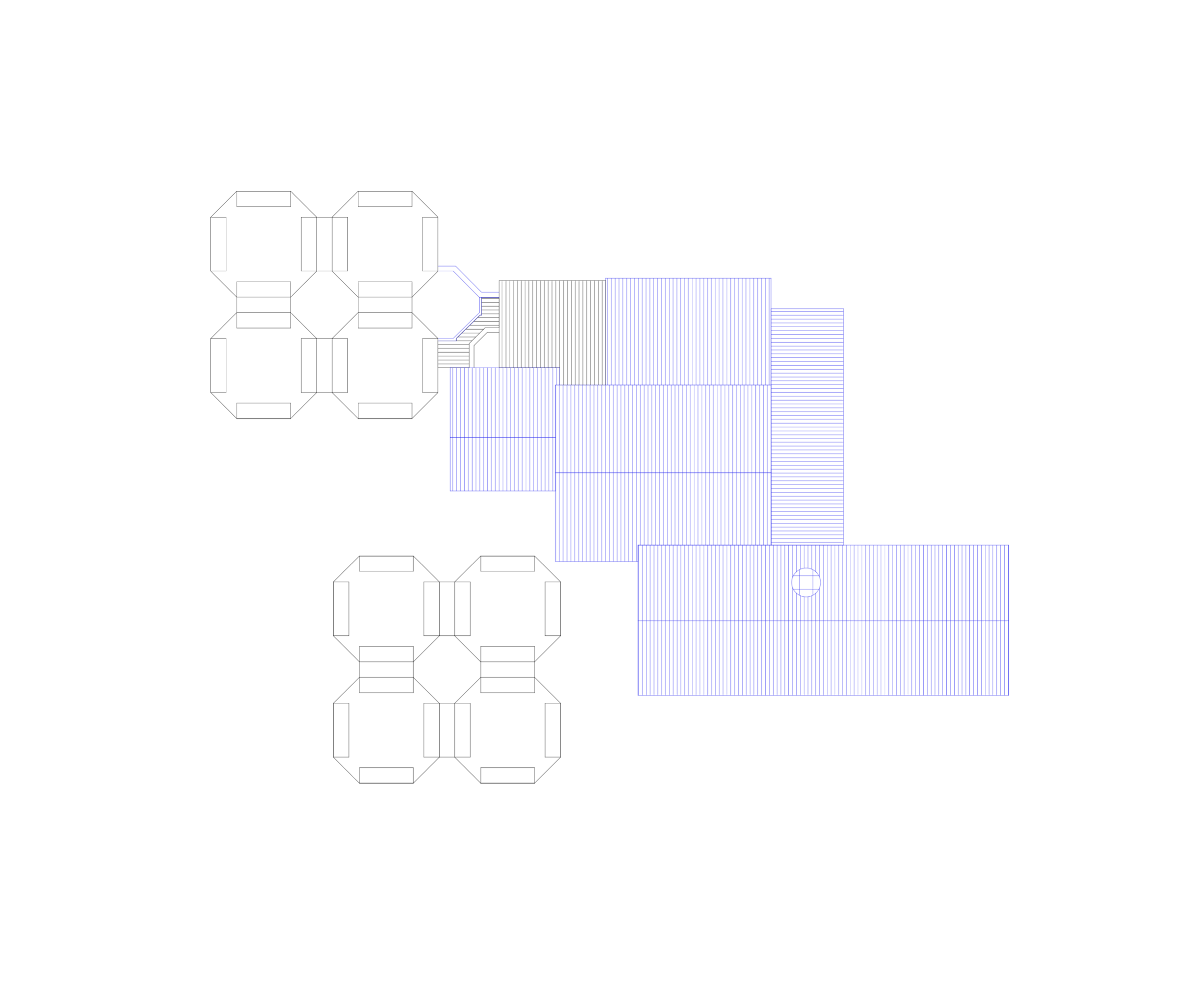 Plan de toiture du conservatoire intercommunal d’Annemasse : volumes imbriqués à couvertures striées, reliés à deux ensembles de pavillons.