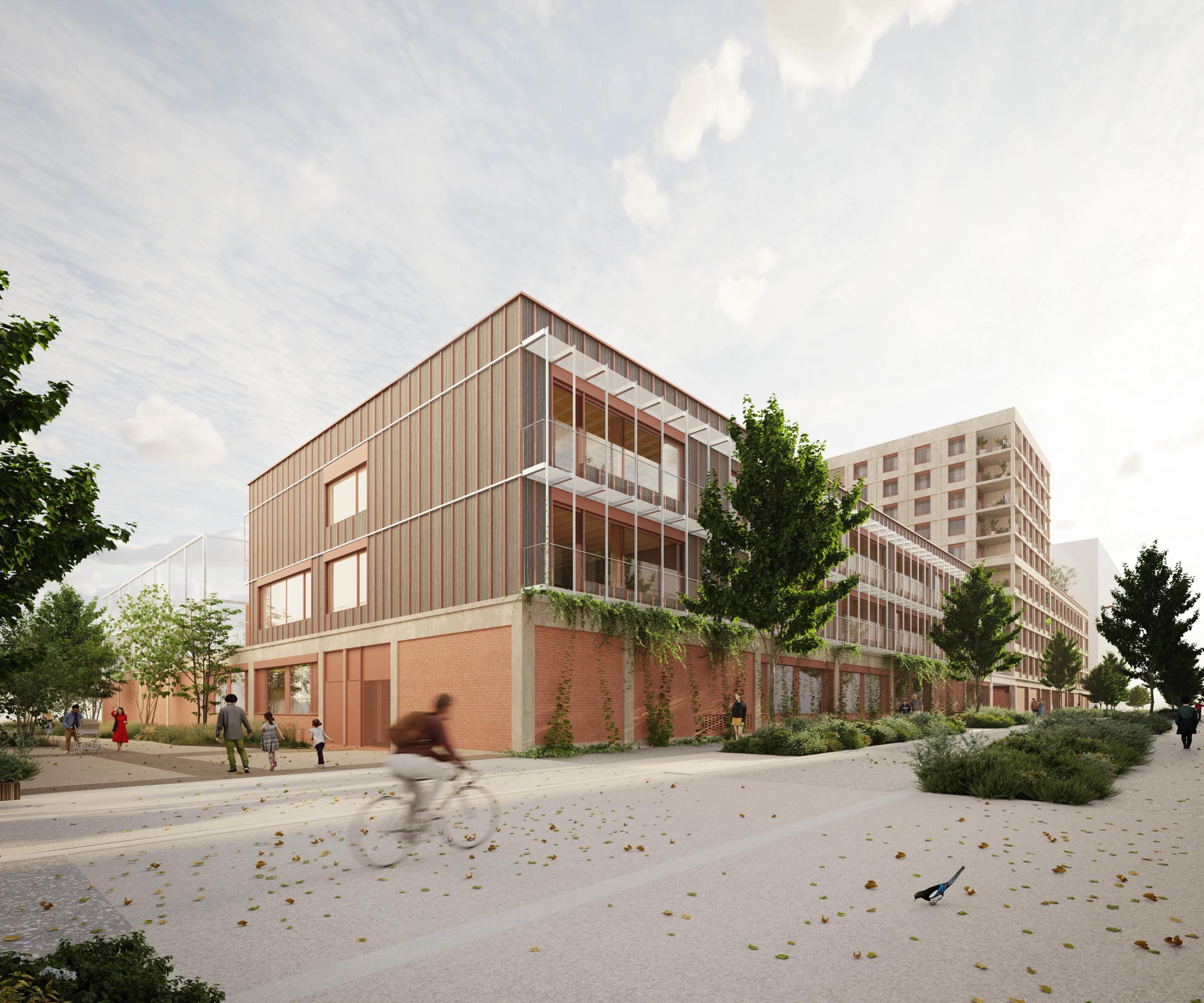Street-level view of Mixed-Use Blocks in Bordeaux, showing brick and timber façades with recessed loggias, planted base and tree-lined public walkway.