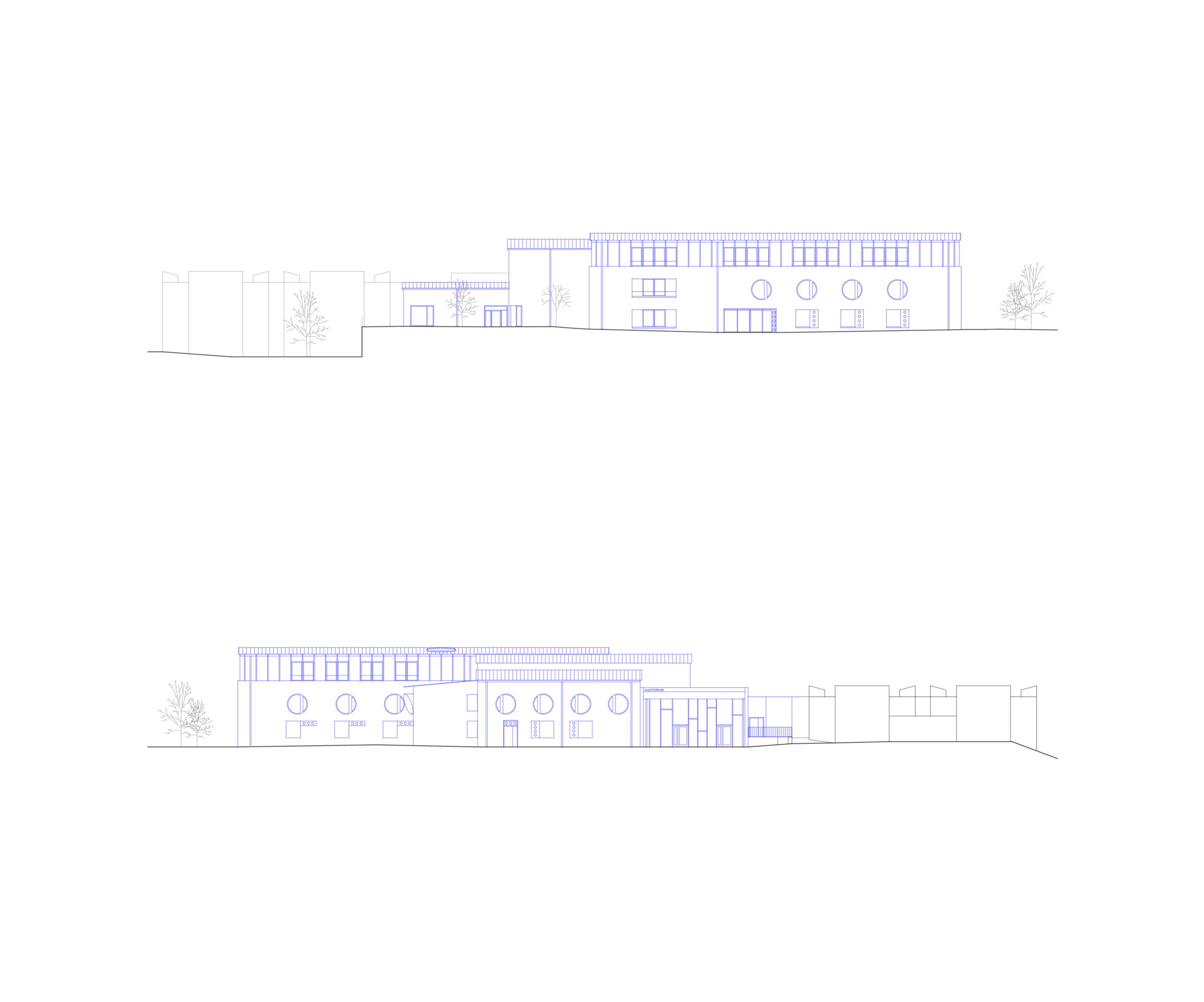 Élévations du conservatoire intercommunal réhabilité à Annemasse : volumes étagés, façades à baies circulaires et bandeaux vitrés en toiture.