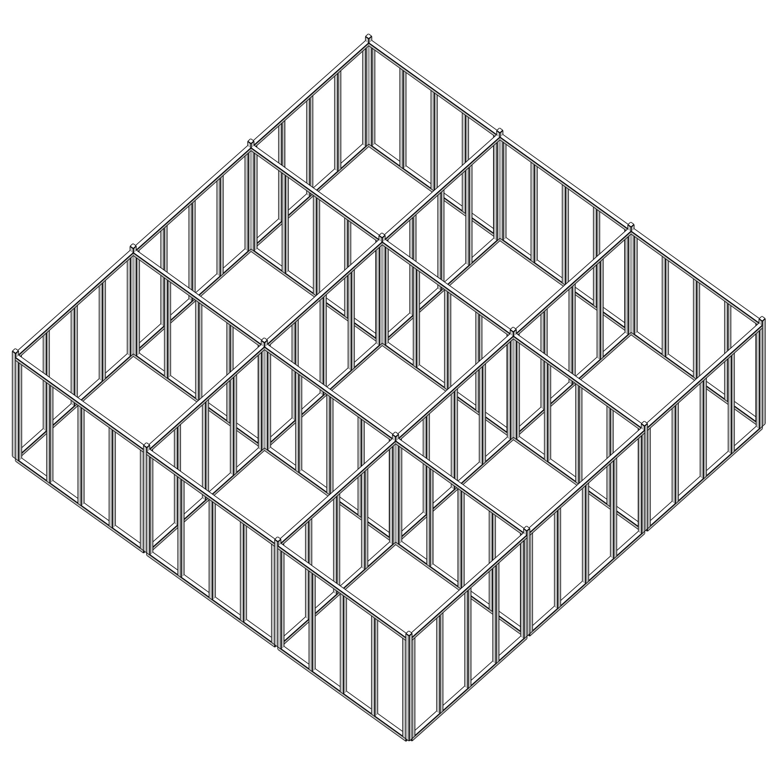 Axonométrie du workshop 60x60 à Versailles : trame orthogonale en ossature bois modulaire, panneaux manuportables formant un parcours labyrinthique ouvert.