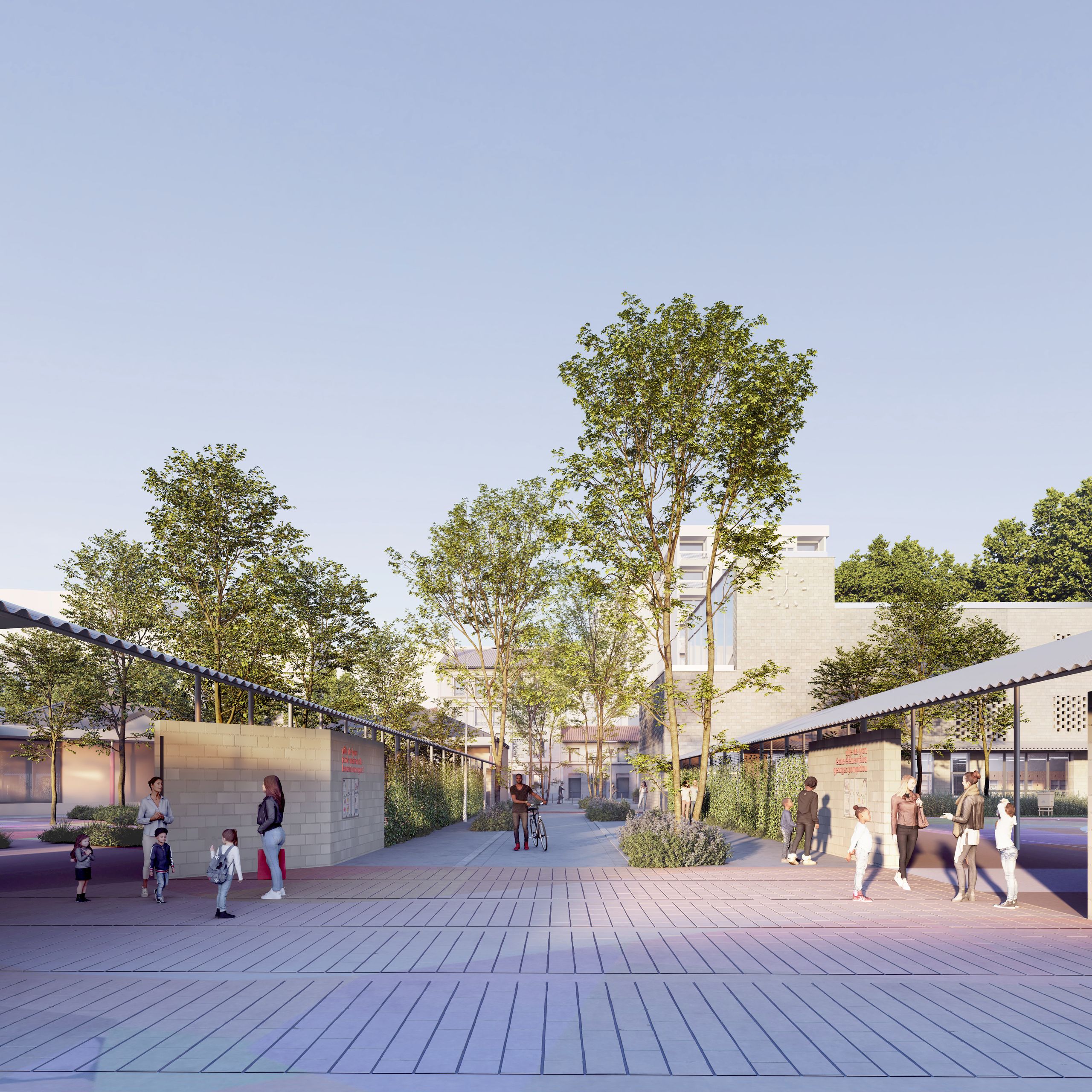 Groupe scolaire Pompidou-Mourguet à Lyon : parvis arboré entre préaux, murets en blocs de maçonnerie et volumes minéraux aux façades ajourées.