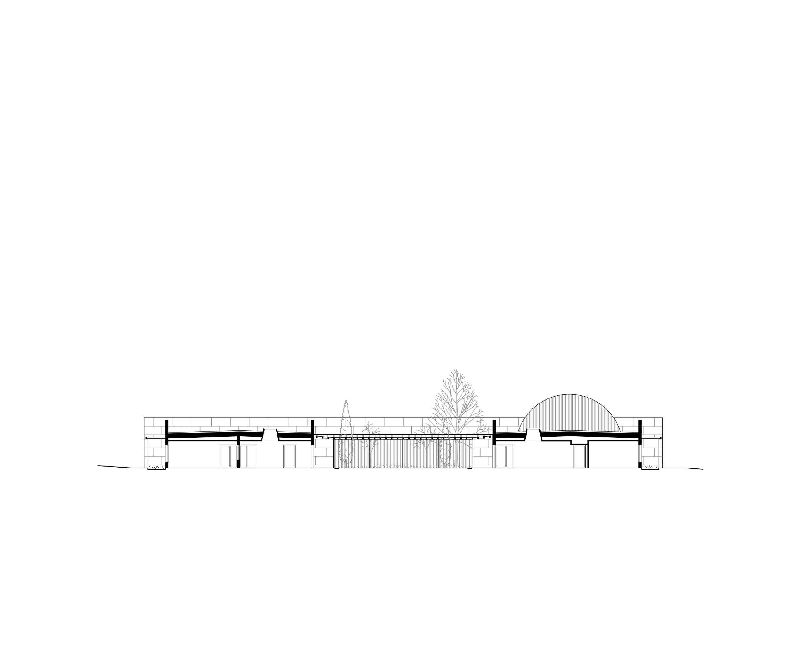 Section drawing of the Youth Cultural Center in Vaison-la-Romaine, showing two low wings, stone enclosure, garden trees and distinct roof volumes.