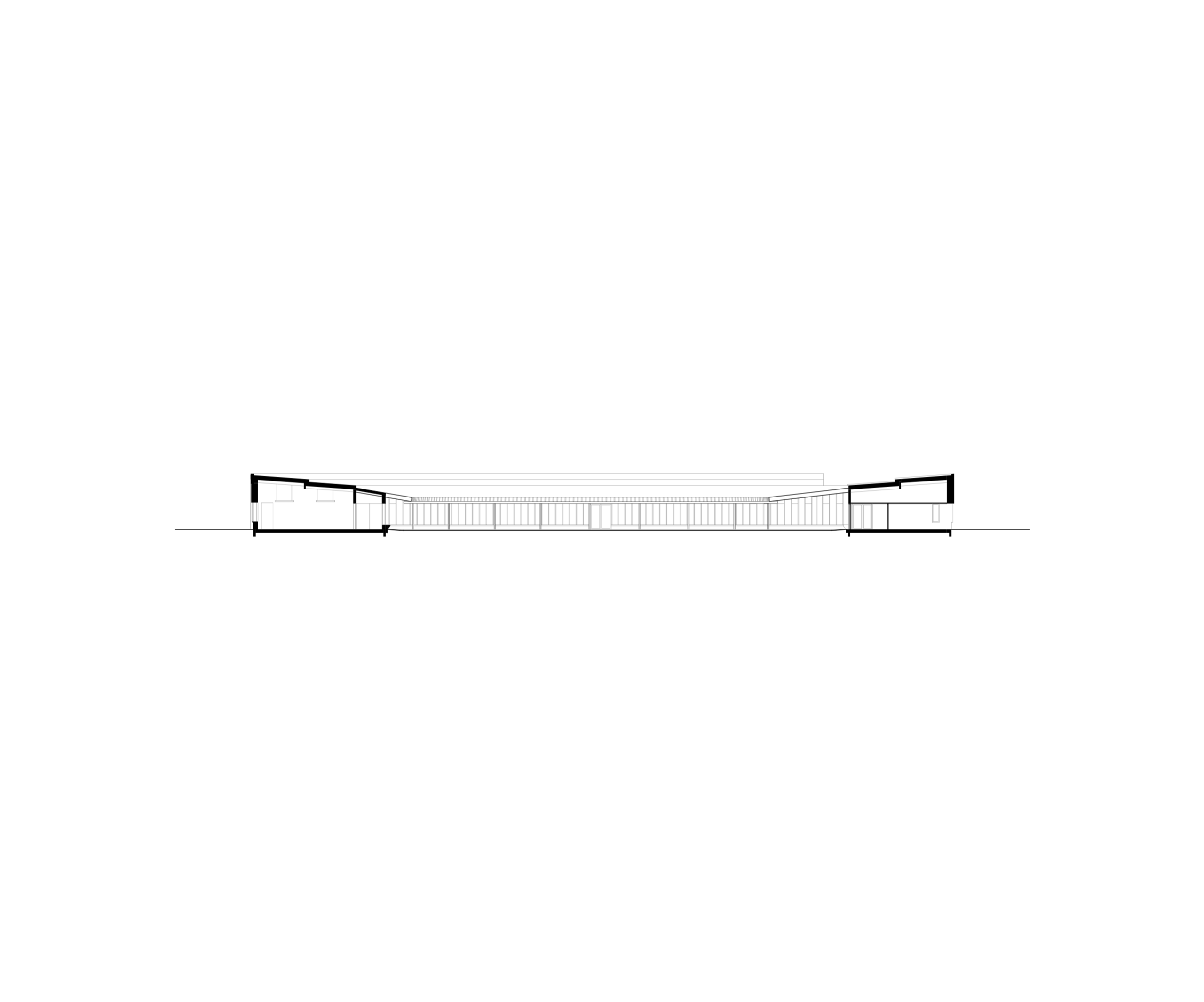 Longitudinal section of Hubert Reeves Elementary School in Champagnole, showing the low elliptical impluvium roof and timber-framed classrooms around the courtyard.