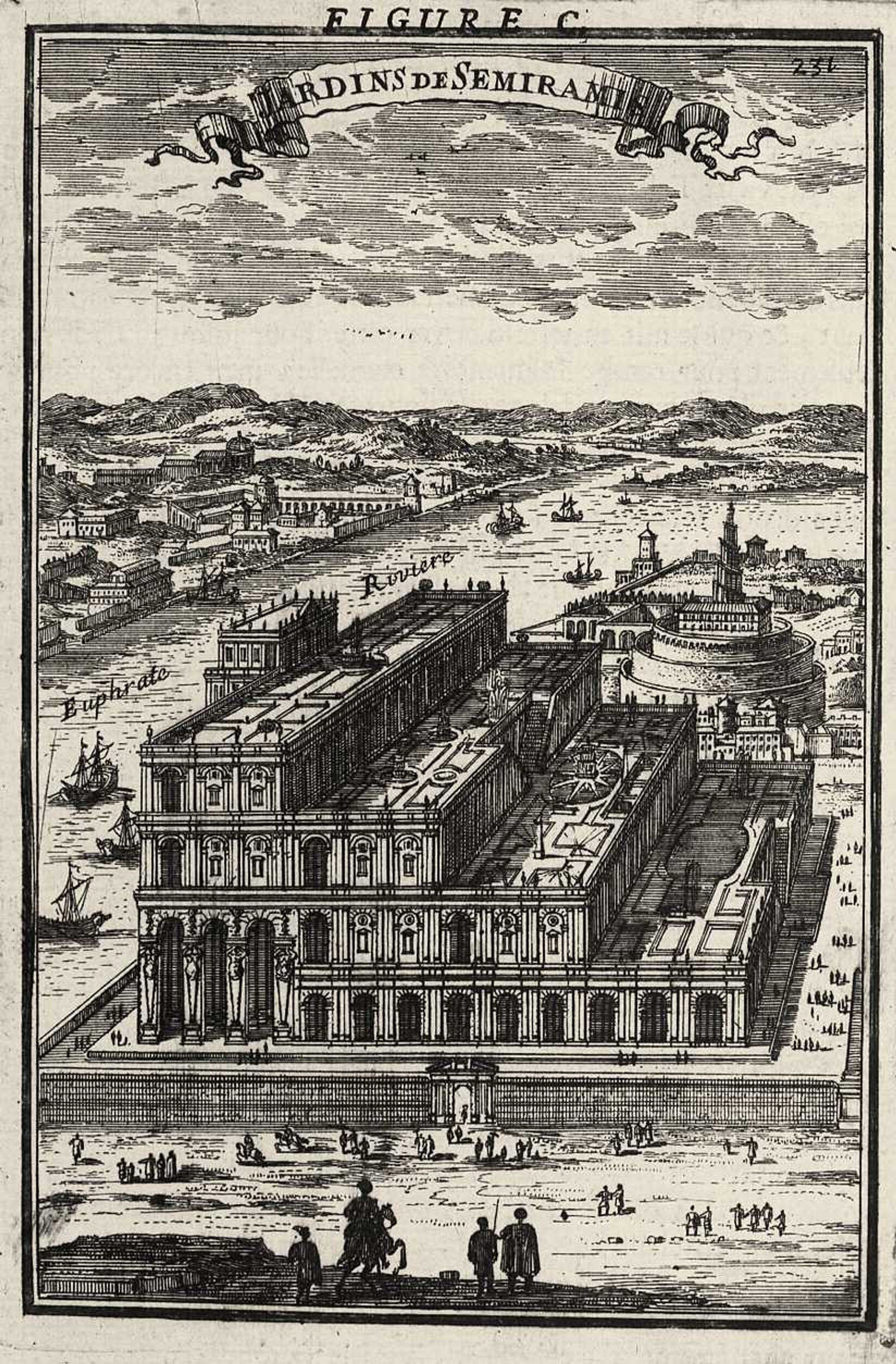 Gravure ancienne représentant un vaste palais en gradins avec jardins en toiture dominant un fleuve animé, identifié comme les Jardins de Sémiramis.