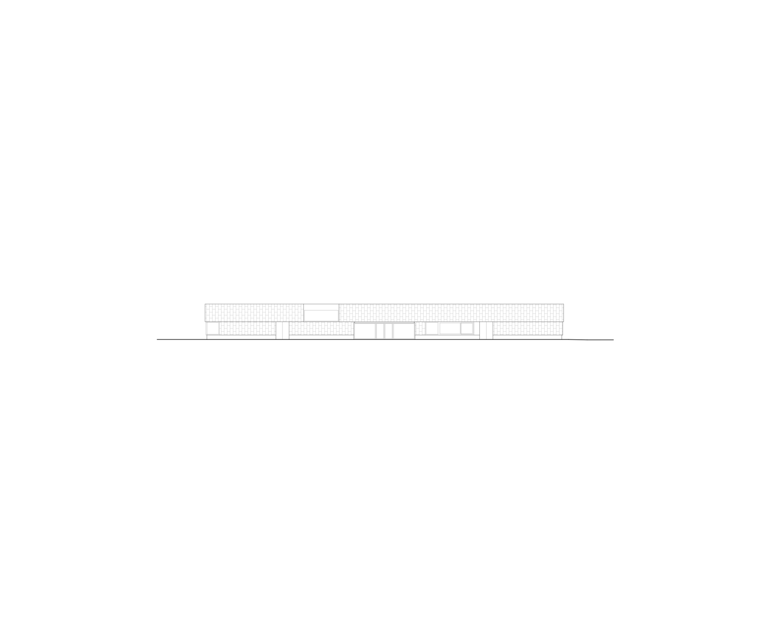 Elevational line drawing of Hubert Reeves Elementary School in Champagnole, showing a low horizontal volume with zinc envelope and recessed glazed classrooms.