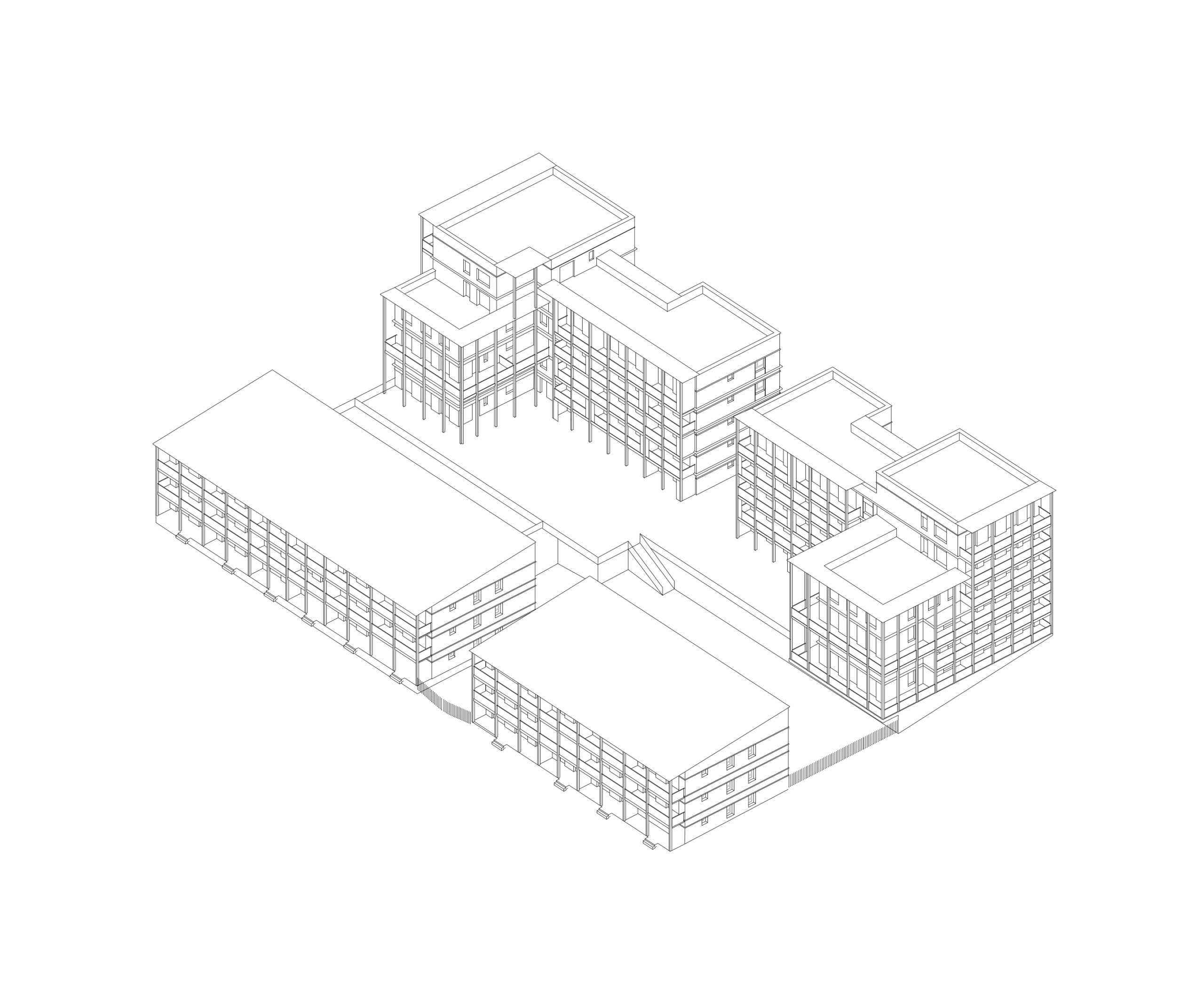 Axonométrie du projet de 84 logements à Trévoux : volumes en gradins dans la pente, coursives extérieures, balcons filants et structure bois-béton hybride.