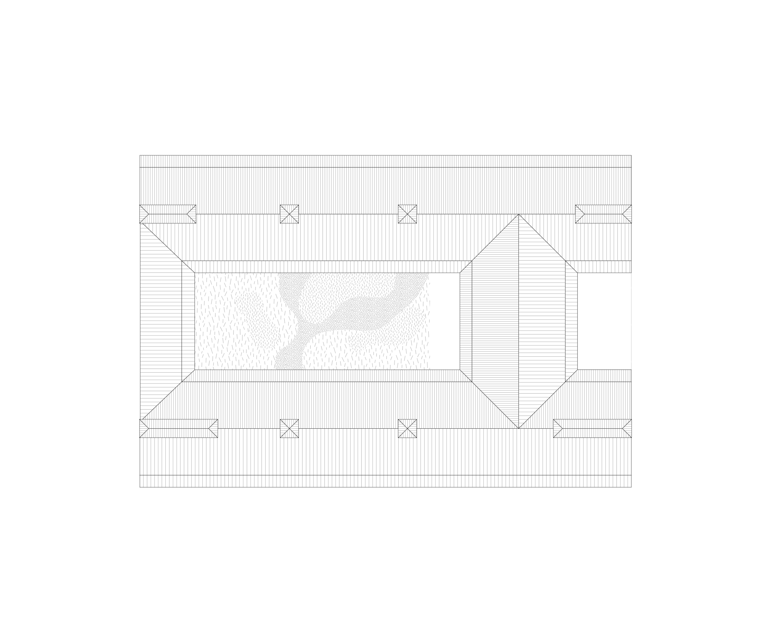 Plan de toiture du pôle culture, enfance et jeunesse à Saint-Valérien, composition symétrique en U autour d’un patio paysager central.