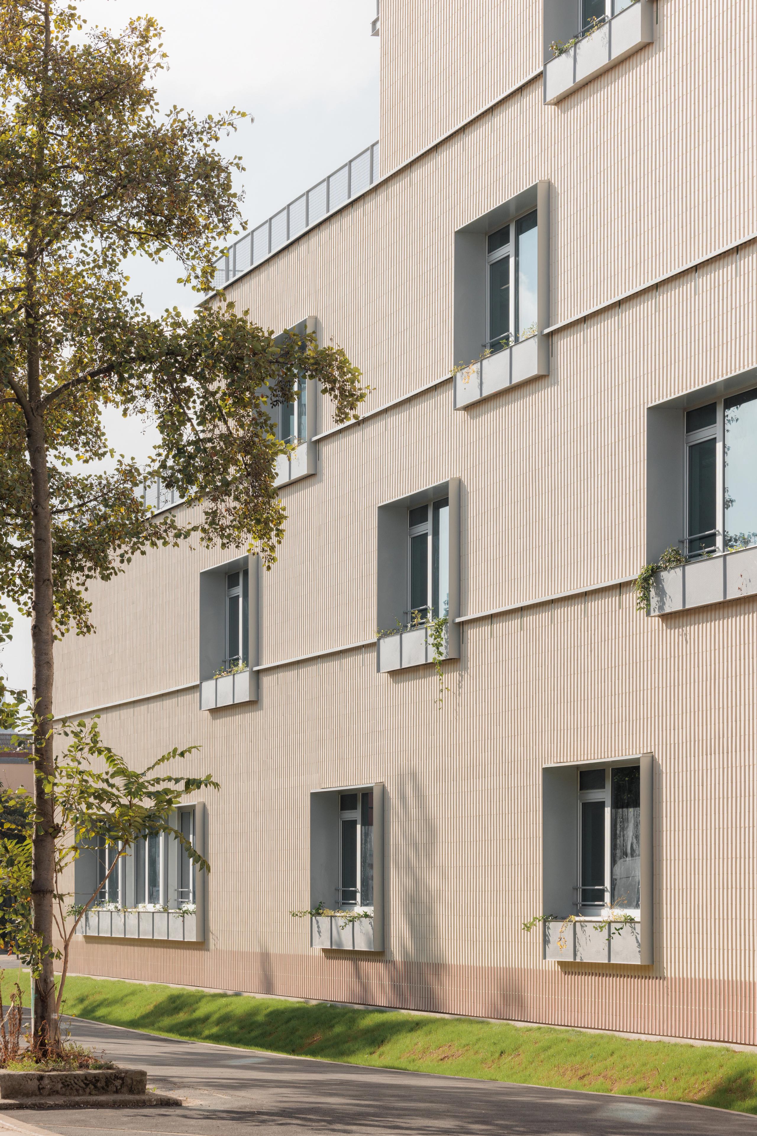 South façade of Dominique Frelaut School Complex in Colombes, showing ribbed terracotta cladding, deep-framed windows with planters and a planted verge.