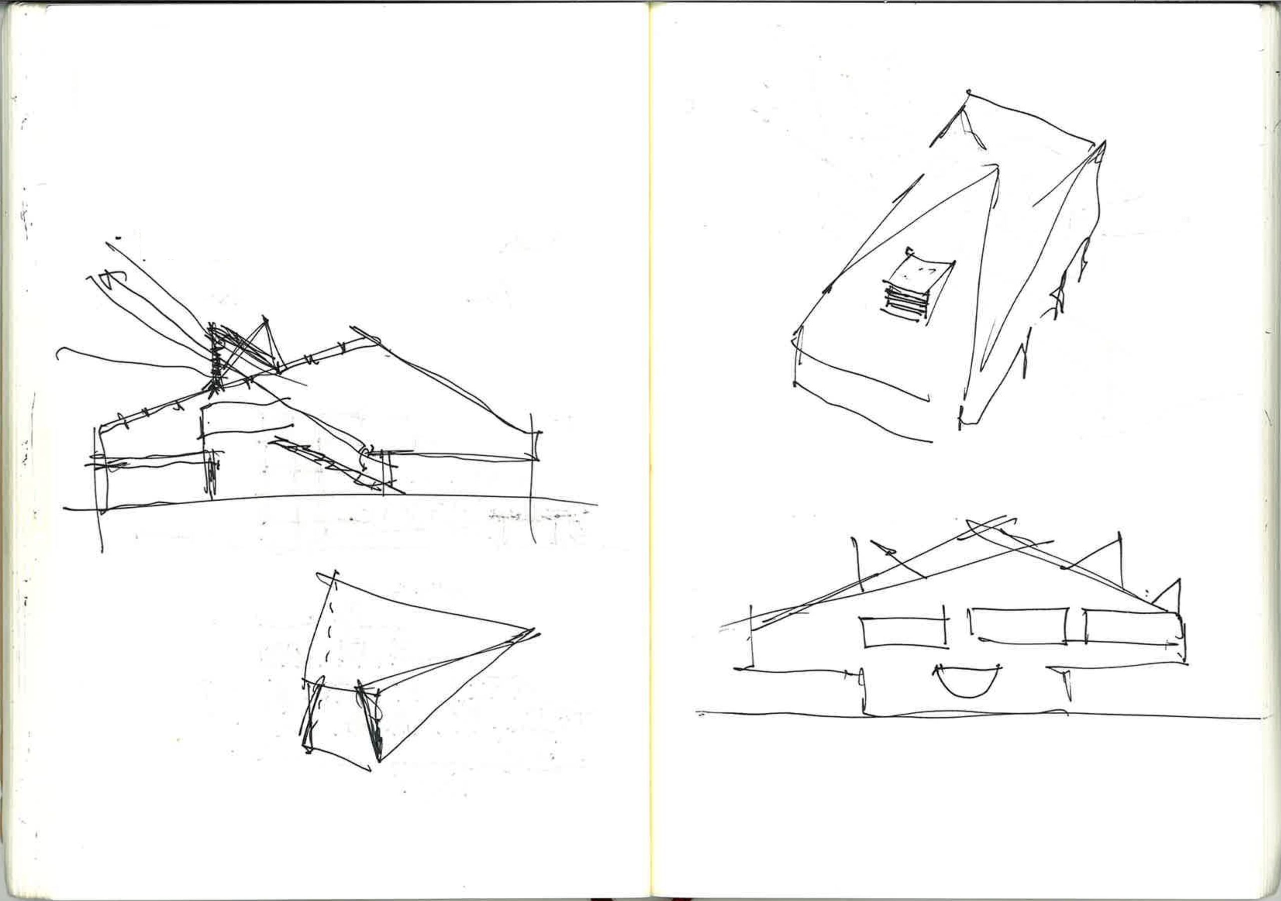 Croquis conceptuels du groupe scolaire Louis Pergaud à Levier, montrant volumes compacts, toitures plissées et émergences éclairant un atrium central.