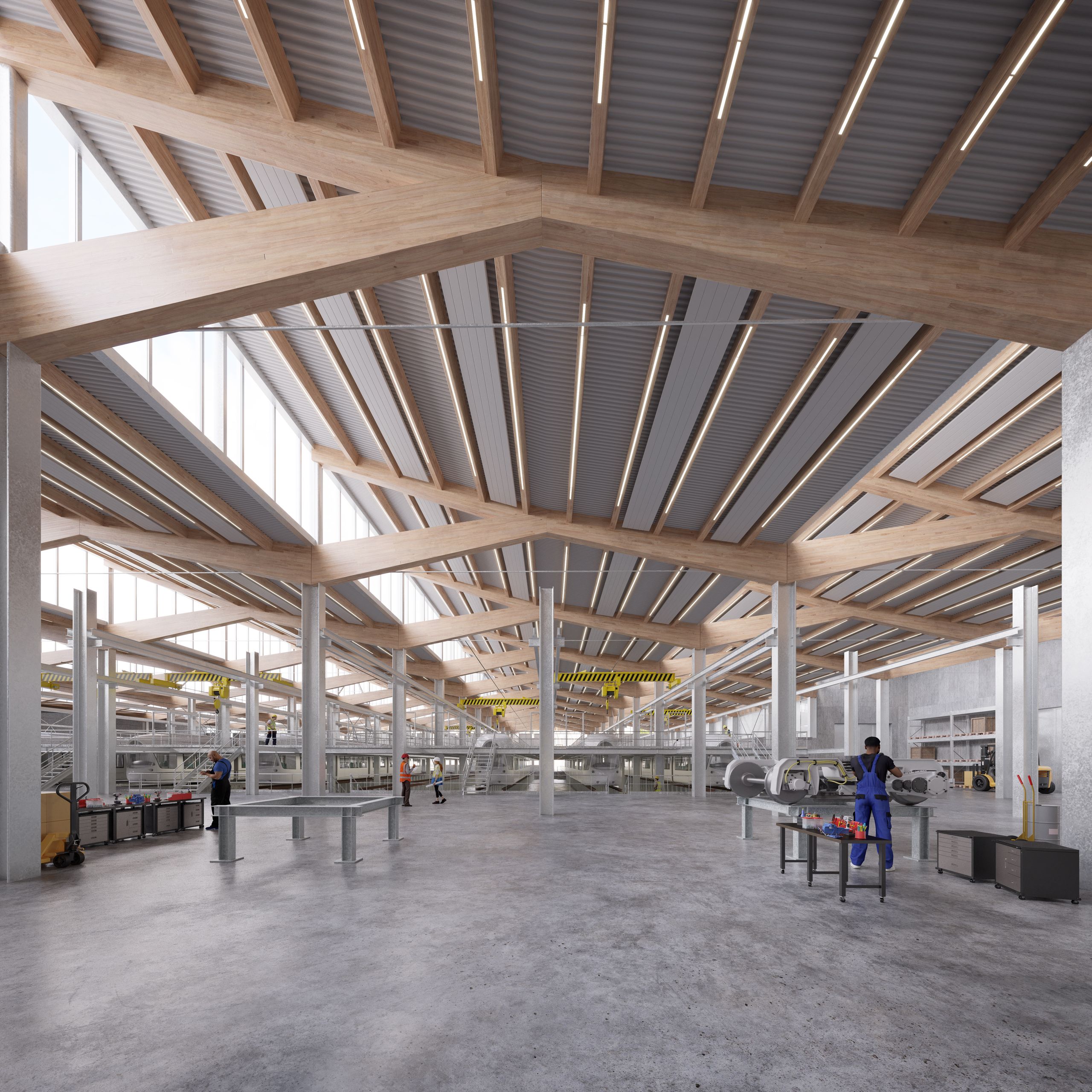 Centre de maintenance des tramways à Lyon : vaste atelier rythmé par des portiques en bois, des poteaux métalliques et une toiture à sheds éclairée.